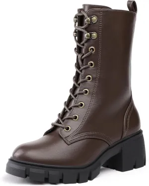 IDIFU IN3 Platform Combat Boots for Women Mid Calf Lace Up Boots Lug Sole Low Chunky Block Heel Boots Closed Round Toe Side Zipper Booties Fashion Thick Fall Heeled Boots-LOOSEN ALL LACES FIRSTLY
