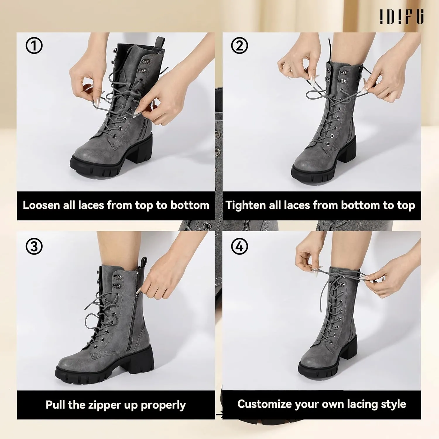 IDIFU IN3 Platform Combat Boots for Women Mid Calf Lace Up Boots Lug Sole Low Chunky Block Heel Boots Closed Round Toe Side Zipper Booties Fashion Thick Fall Heeled Boots-LOOSEN ALL LACES FIRSTLY