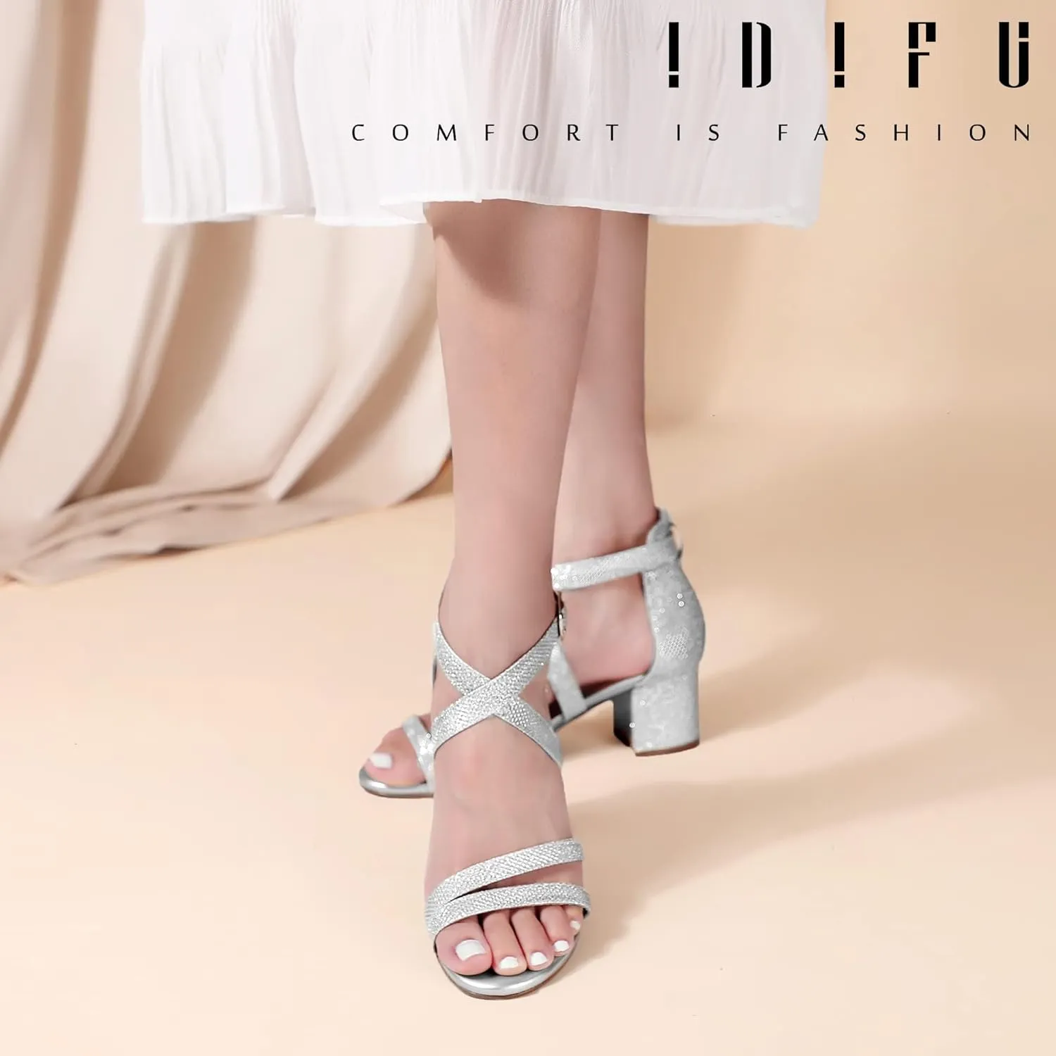 IDIFU Women's Block Low Chunky Heel Strappy Sandals Open Toe Ankle Strap Dress Wedding Evening Shoe for Women Bridal