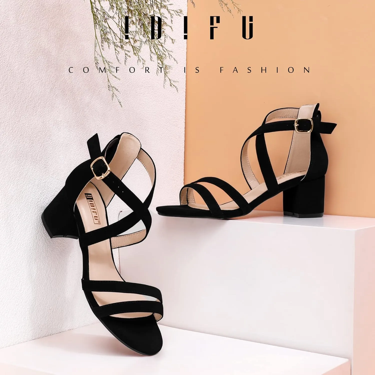 IDIFU Women's Block Low Chunky Heel Strappy Sandals Open Toe Ankle Strap Dress Wedding Evening Shoe for Women Bridal