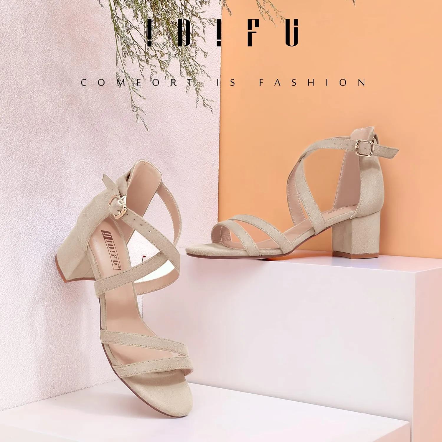 IDIFU Women's Block Low Chunky Heel Strappy Sandals Open Toe Ankle Strap Dress Wedding Evening Shoe for Women Bridal