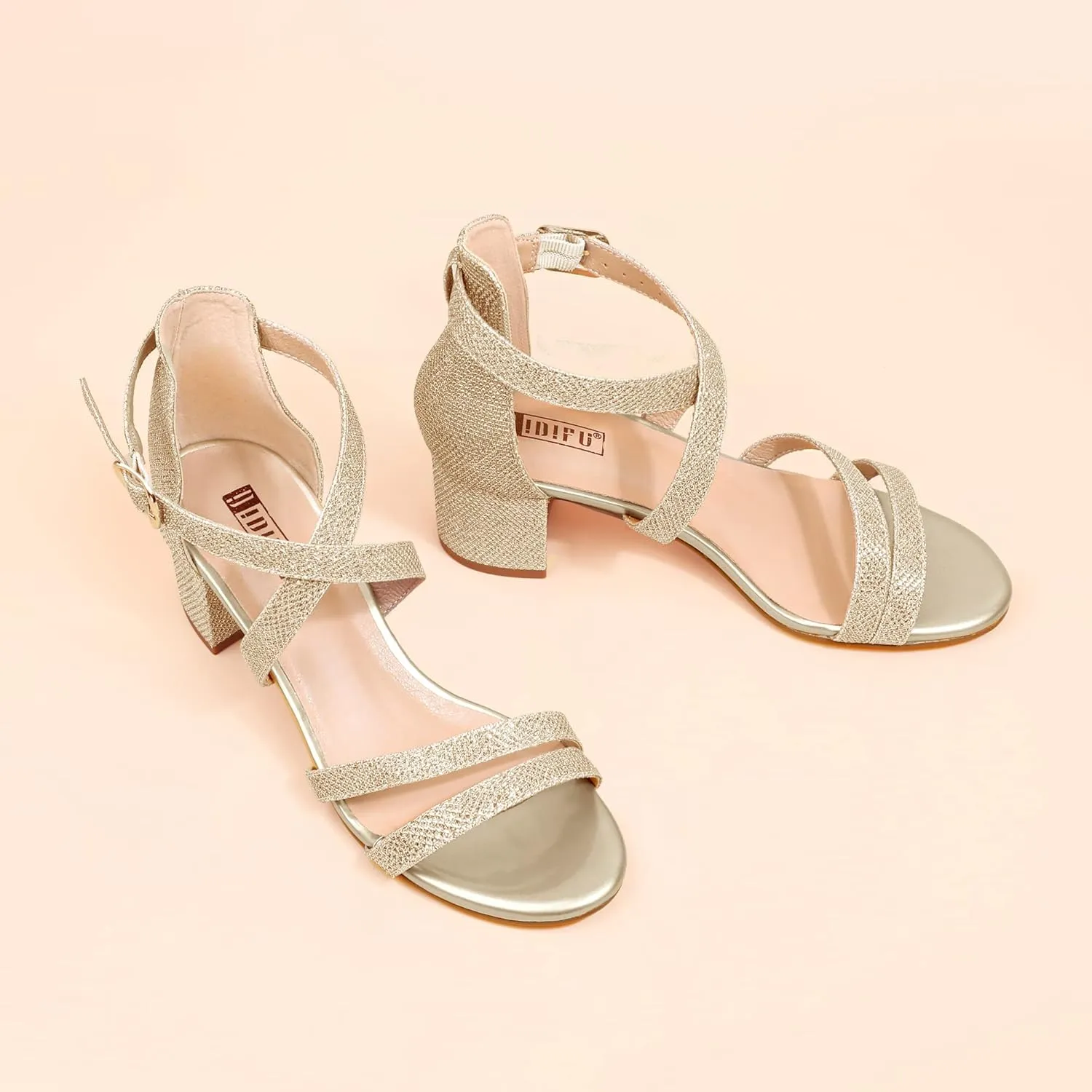 IDIFU Women's Block Low Chunky Heel Strappy Sandals Open Toe Ankle Strap Dress Wedding Evening Shoe for Women Bridal