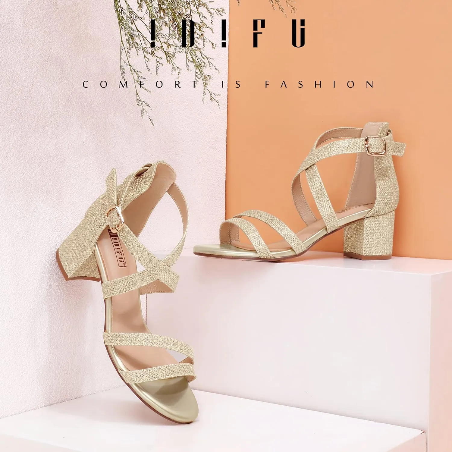IDIFU Women's Block Low Chunky Heel Strappy Sandals Open Toe Ankle Strap Dress Wedding Evening Shoe for Women Bridal