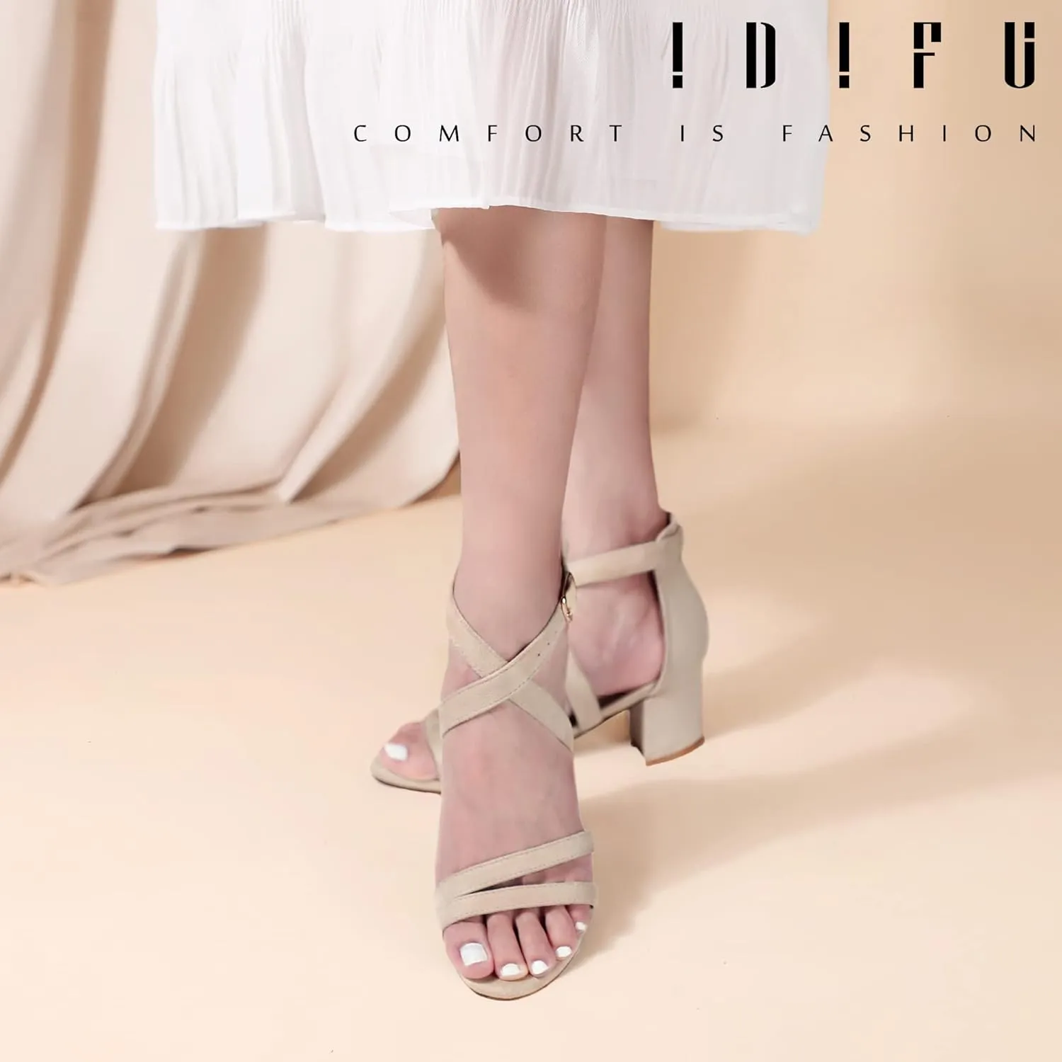 IDIFU Women's Block Low Chunky Heel Strappy Sandals Open Toe Ankle Strap Dress Wedding Evening Shoe for Women Bridal