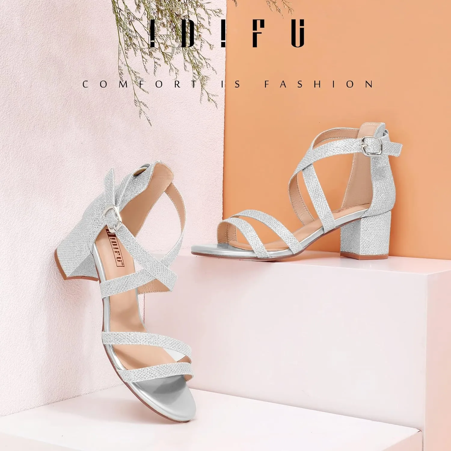 IDIFU Women's Block Low Chunky Heel Strappy Sandals Open Toe Ankle Strap Dress Wedding Evening Shoe for Women Bridal