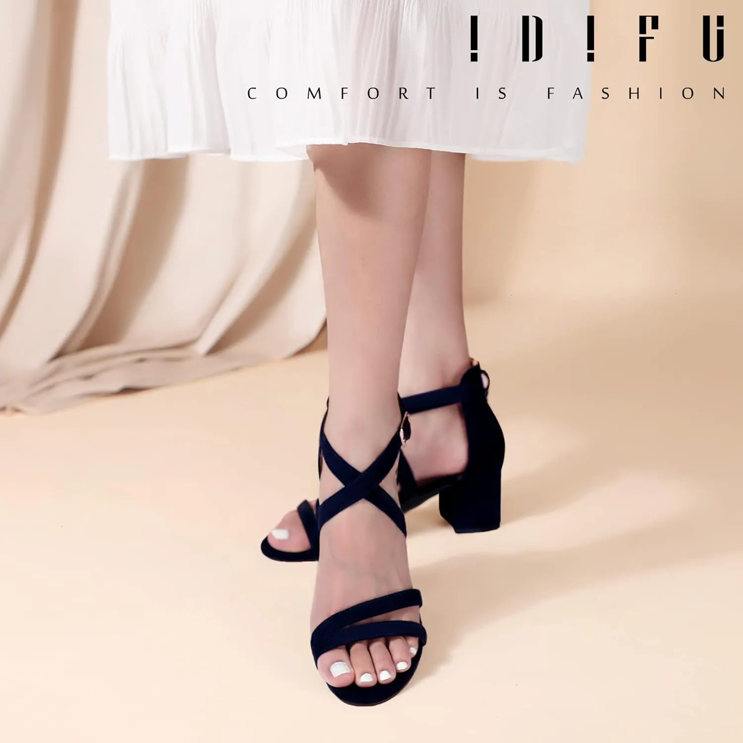 IDIFU Women's Block Low Chunky Heel Strappy Sandals Open Toe Ankle Strap Dress Wedding Evening Shoe for Women Bridal
