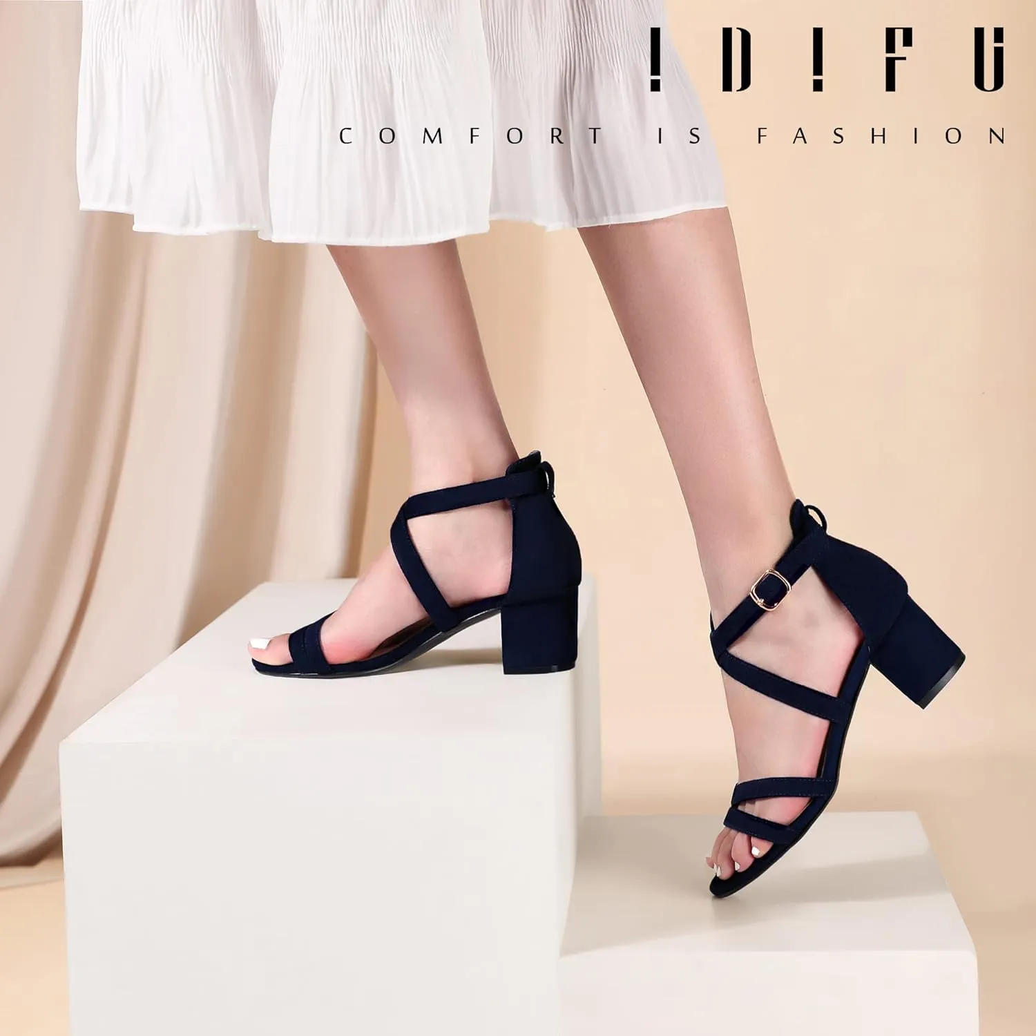 IDIFU Women's Block Low Chunky Heel Strappy Sandals Open Toe Ankle Strap Dress Wedding Evening Shoe for Women Bridal