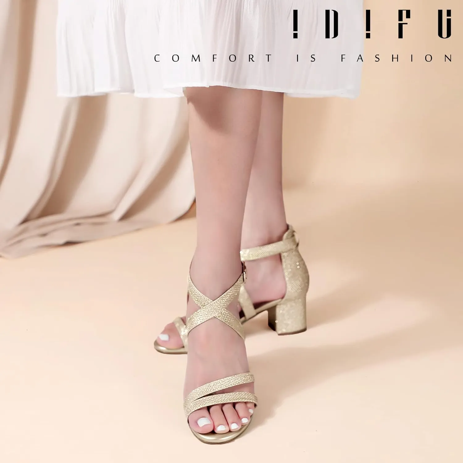 IDIFU Women's Block Low Chunky Heel Strappy Sandals Open Toe Ankle Strap Dress Wedding Evening Shoe for Women Bridal