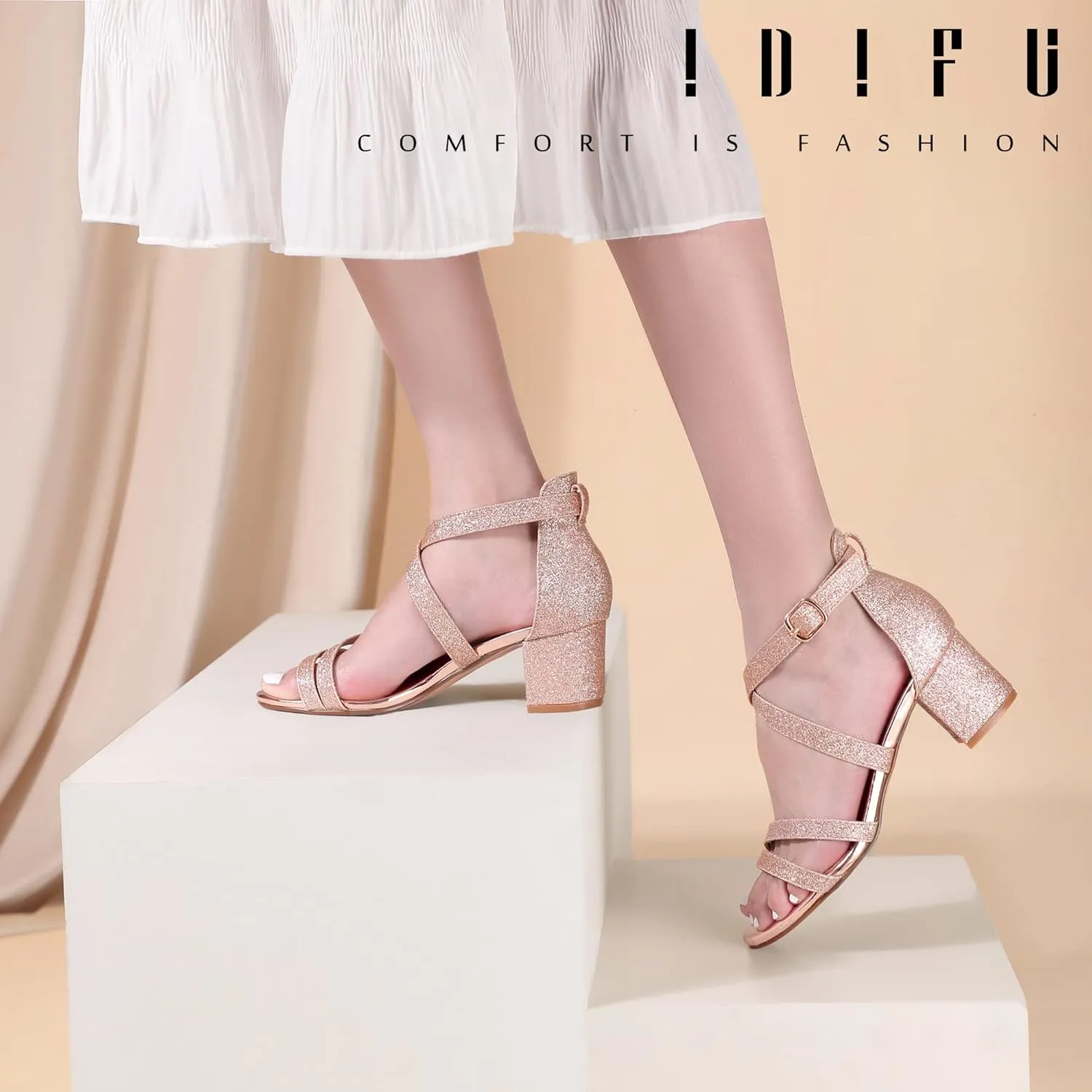 IDIFU Women's Block Low Chunky Heel Strappy Sandals Open Toe Ankle Strap Dress Wedding Evening Shoe for Women Bridal