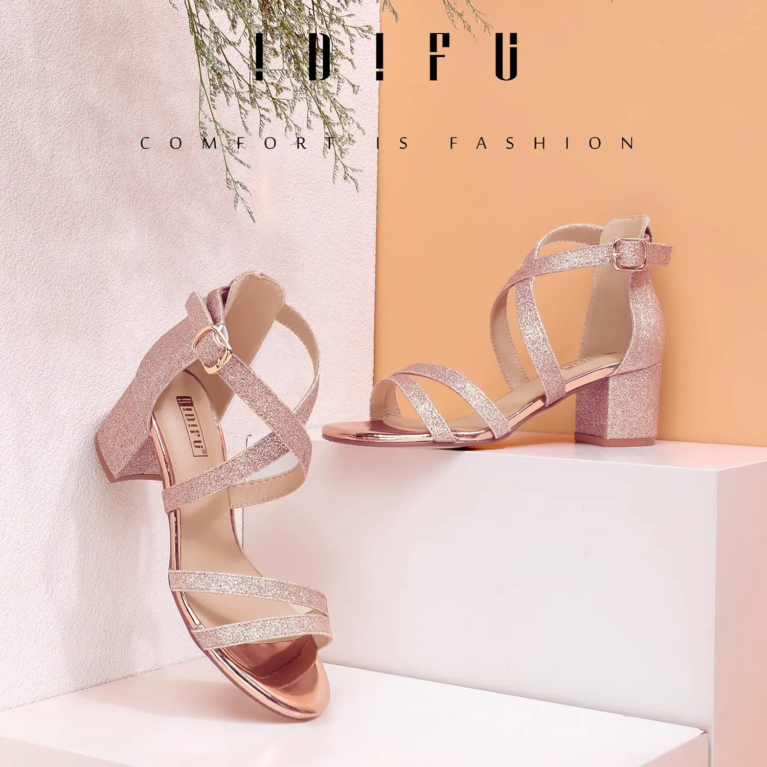 IDIFU Women's Block Low Chunky Heel Strappy Sandals Open Toe Ankle Strap Dress Wedding Evening Shoe for Women Bridal