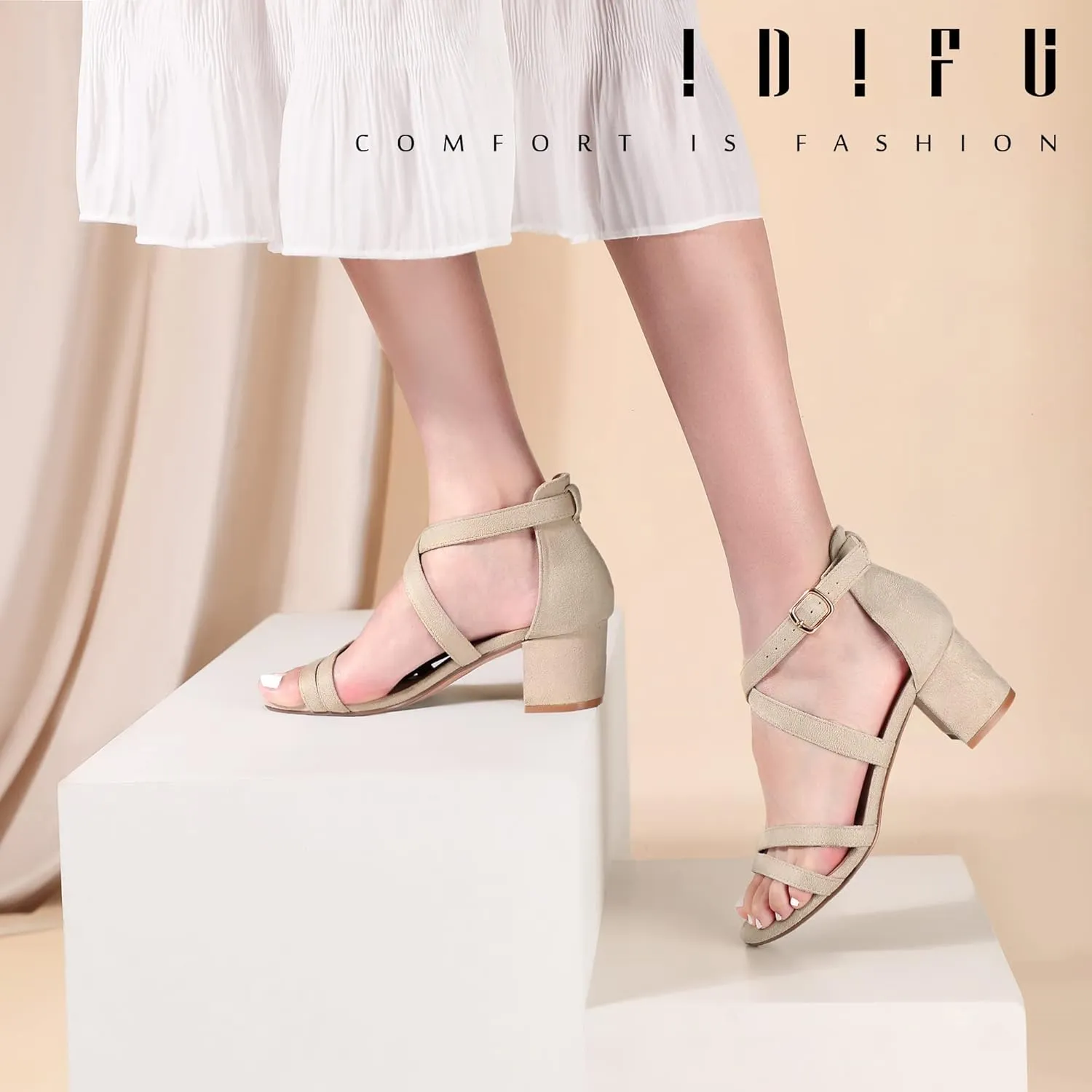 IDIFU Women's Block Low Chunky Heel Strappy Sandals Open Toe Ankle Strap Dress Wedding Evening Shoe for Women Bridal