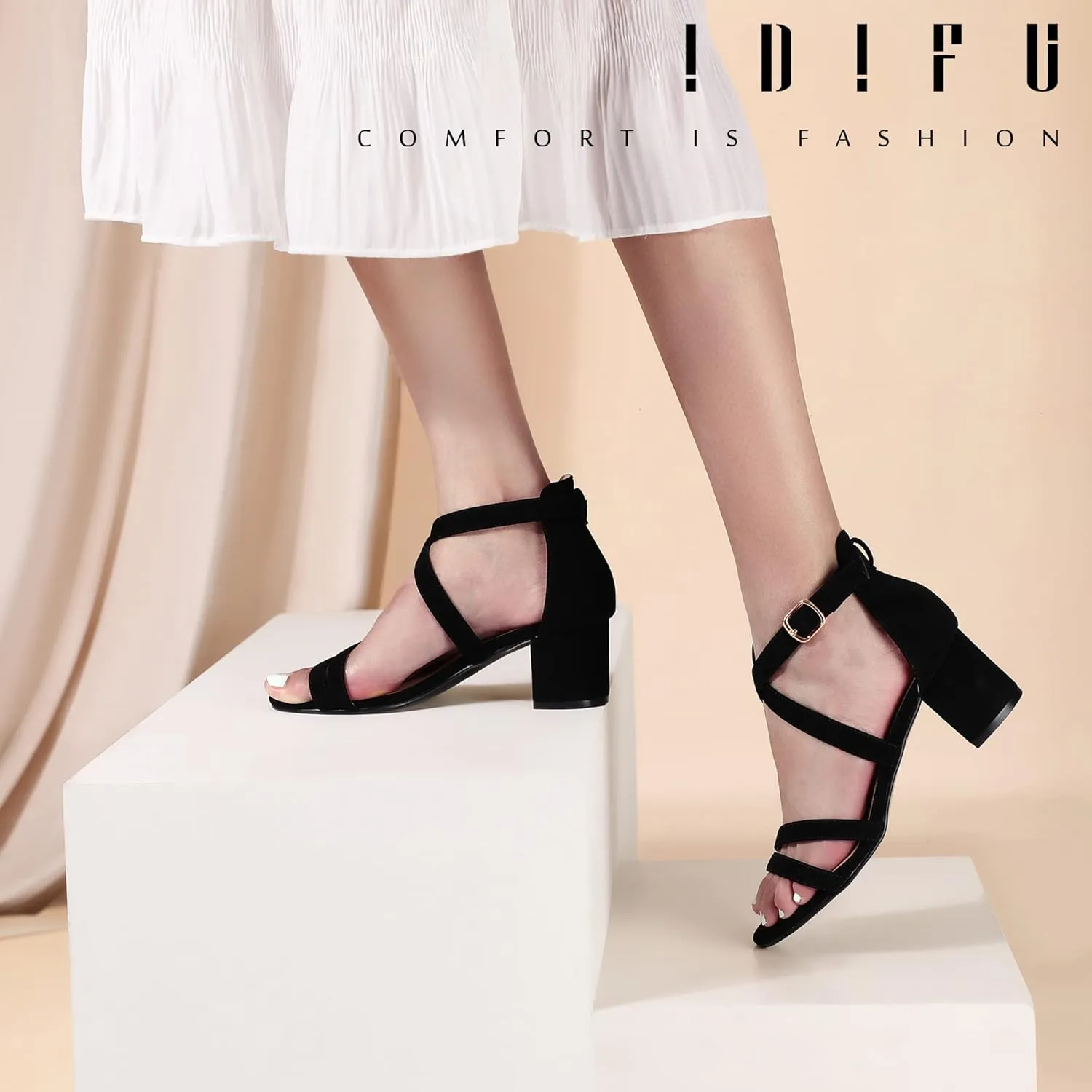 IDIFU Women's Block Low Chunky Heel Strappy Sandals Open Toe Ankle Strap Dress Wedding Evening Shoe for Women Bridal