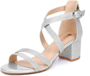 IDIFU Women's Block Low Chunky Heel Strappy Sandals Open Toe Ankle Strap Dress Wedding Evening Shoe for Women Bridal