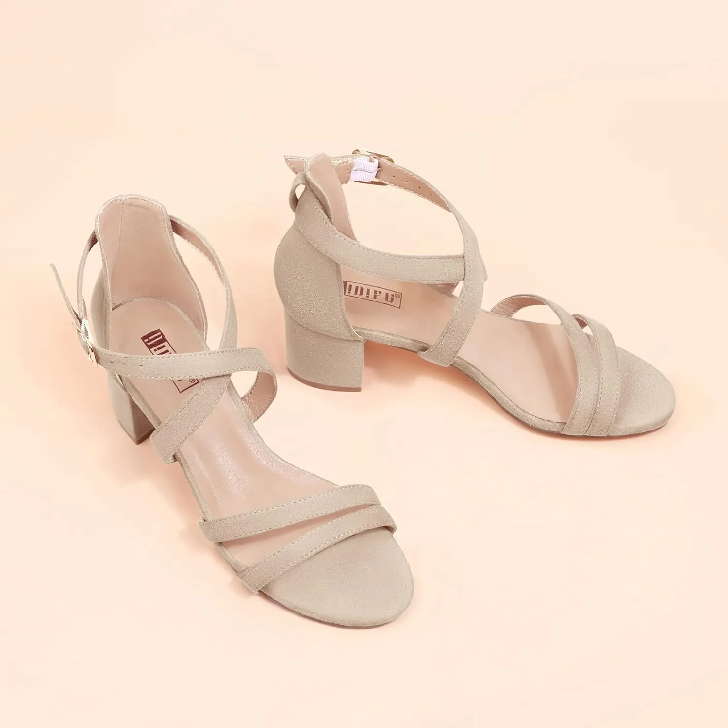 IDIFU Women's Block Low Chunky Heel Strappy Sandals Open Toe Ankle Strap Dress Wedding Evening Shoe for Women Bridal