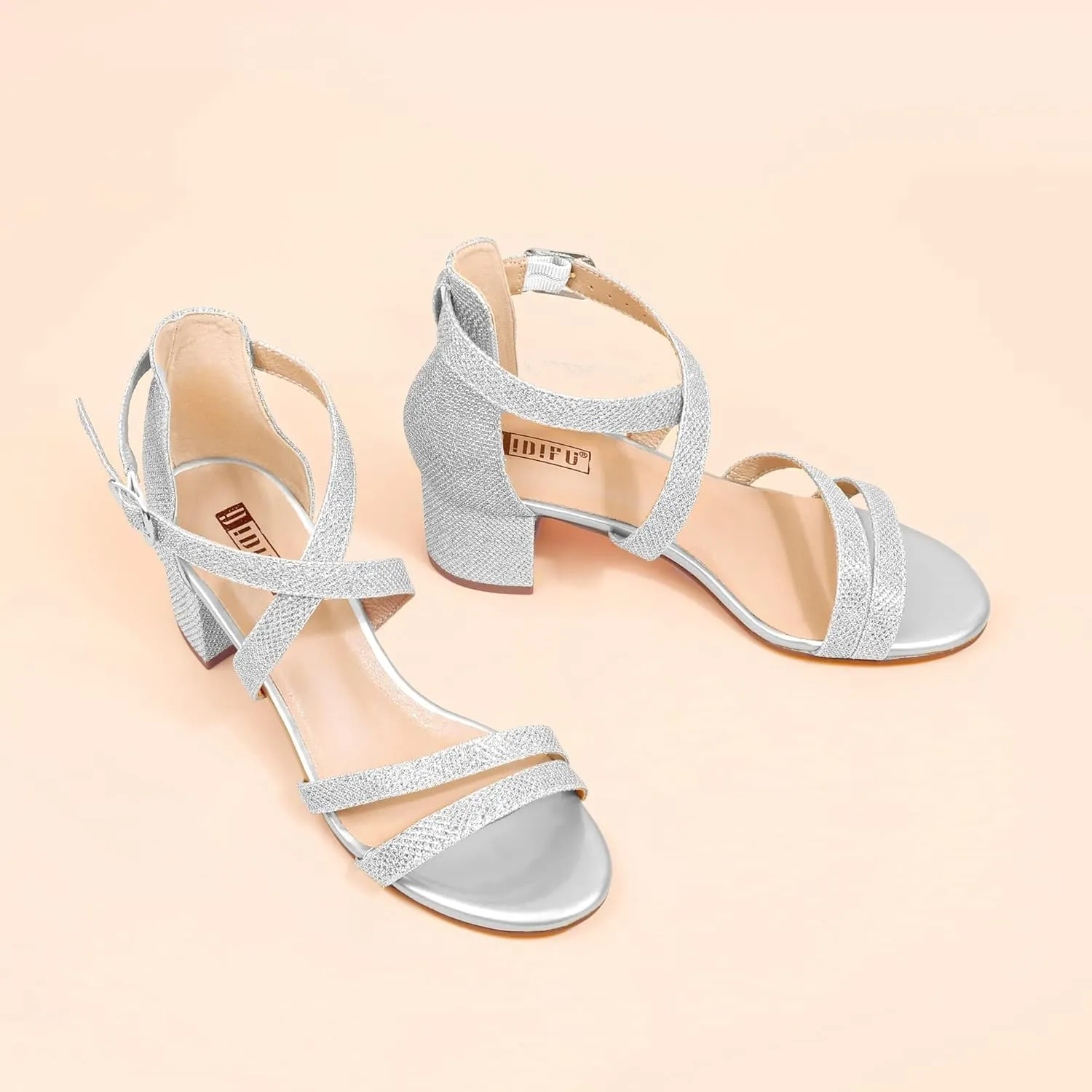 IDIFU Women's Block Low Chunky Heel Strappy Sandals Open Toe Ankle Strap Dress Wedding Evening Shoe for Women Bridal