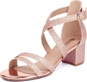 IDIFU Women's Block Low Chunky Heel Strappy Sandals Open Toe Ankle Strap Dress Wedding Evening Shoe for Women Bridal