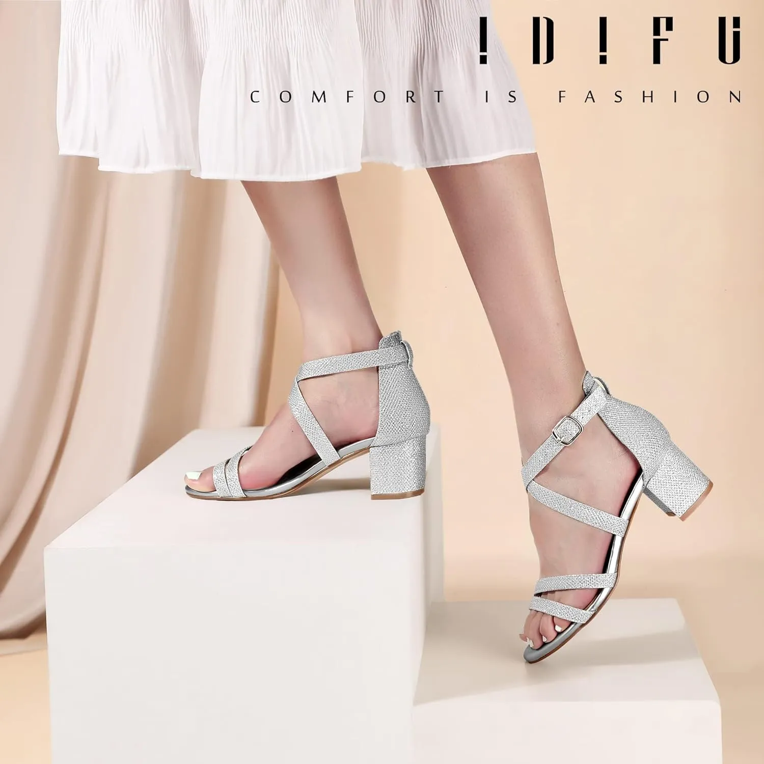 IDIFU Women's Block Low Chunky Heel Strappy Sandals Open Toe Ankle Strap Dress Wedding Evening Shoe for Women Bridal