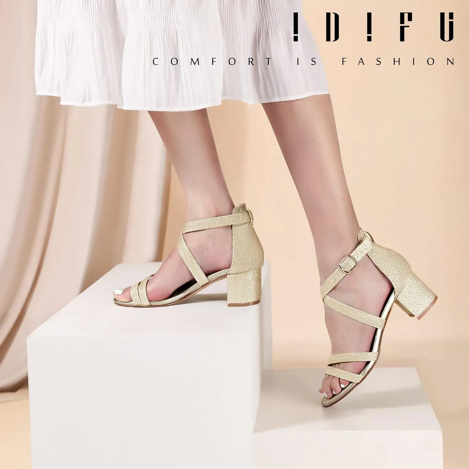 IDIFU Women's Block Low Chunky Heel Strappy Sandals Open Toe Ankle Strap Dress Wedding Evening Shoe for Women Bridal