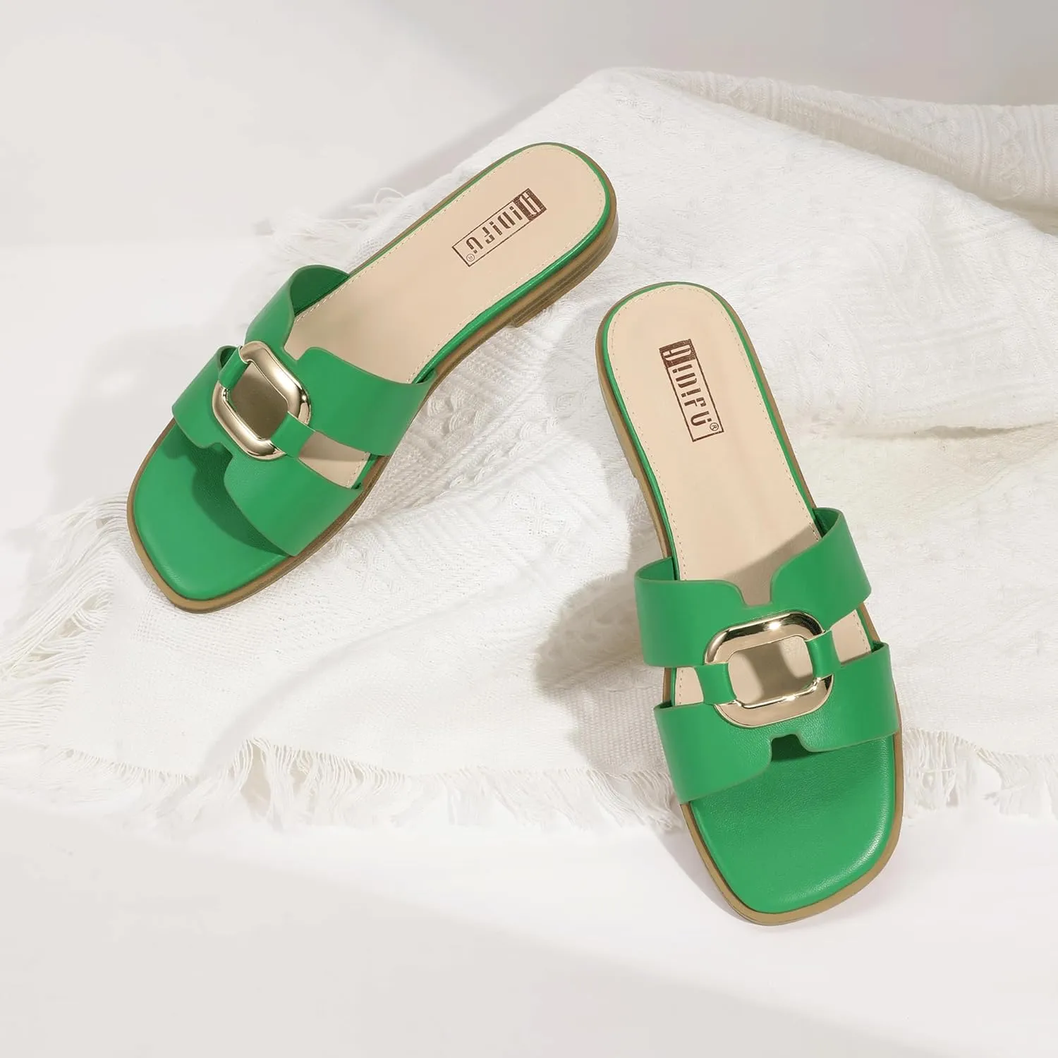 IDIFU Women's Flat Sandals Square Open Toe Slip On Comfortable Dressy Cute Trendy Casual Fancy Slide Sandals for Women Ladies Bridal Summer Beach Work Office Wedding Flat Sandals