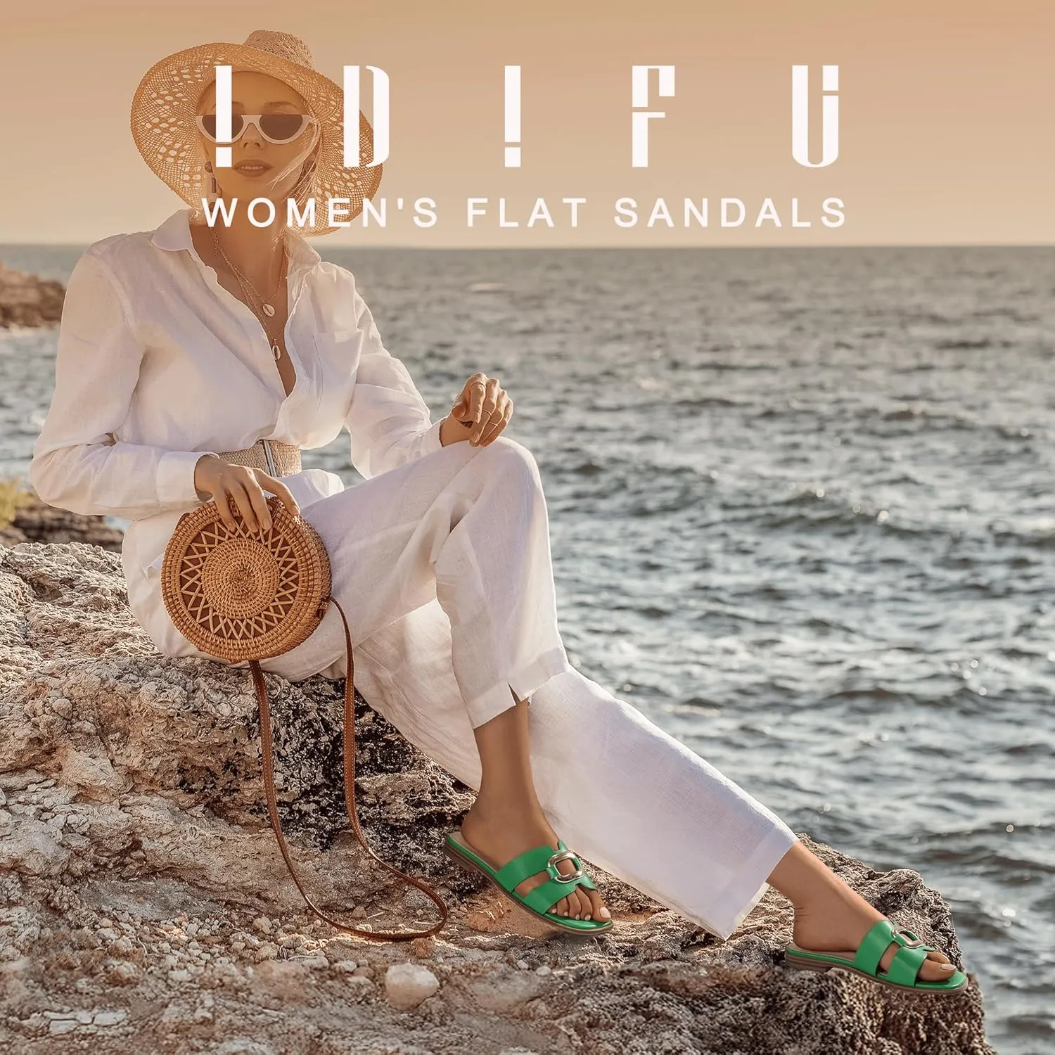 IDIFU Women's Flat Sandals Square Open Toe Slip On Comfortable Dressy Cute Trendy Casual Fancy Slide Sandals for Women Ladies Bridal Summer Beach Work Office Wedding Flat Sandals