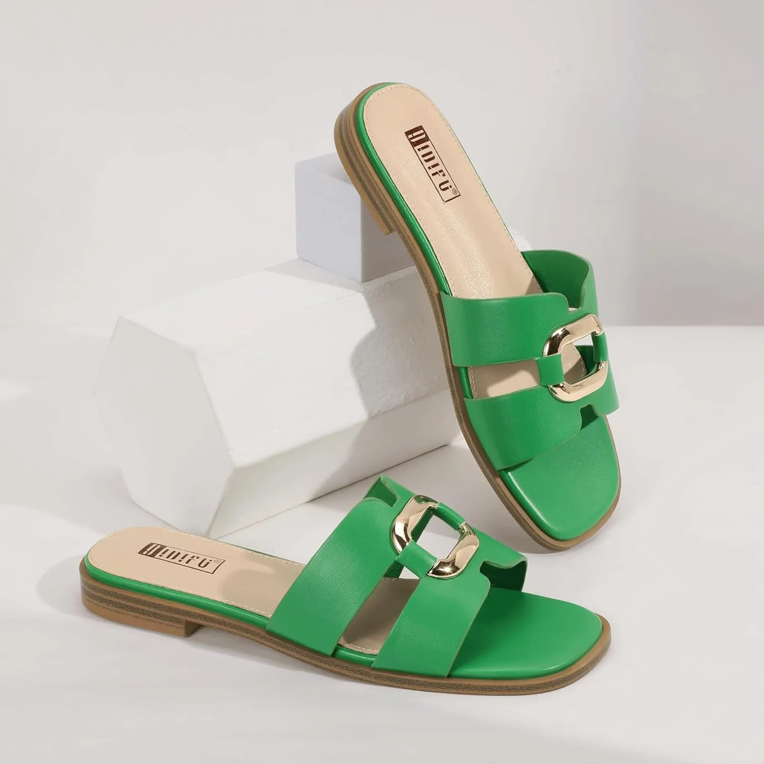 IDIFU Women's Flat Sandals Square Open Toe Slip On Comfortable Dressy Cute Trendy Casual Fancy Slide Sandals for Women Ladies Bridal Summer Beach Work Office Wedding Flat Sandals
