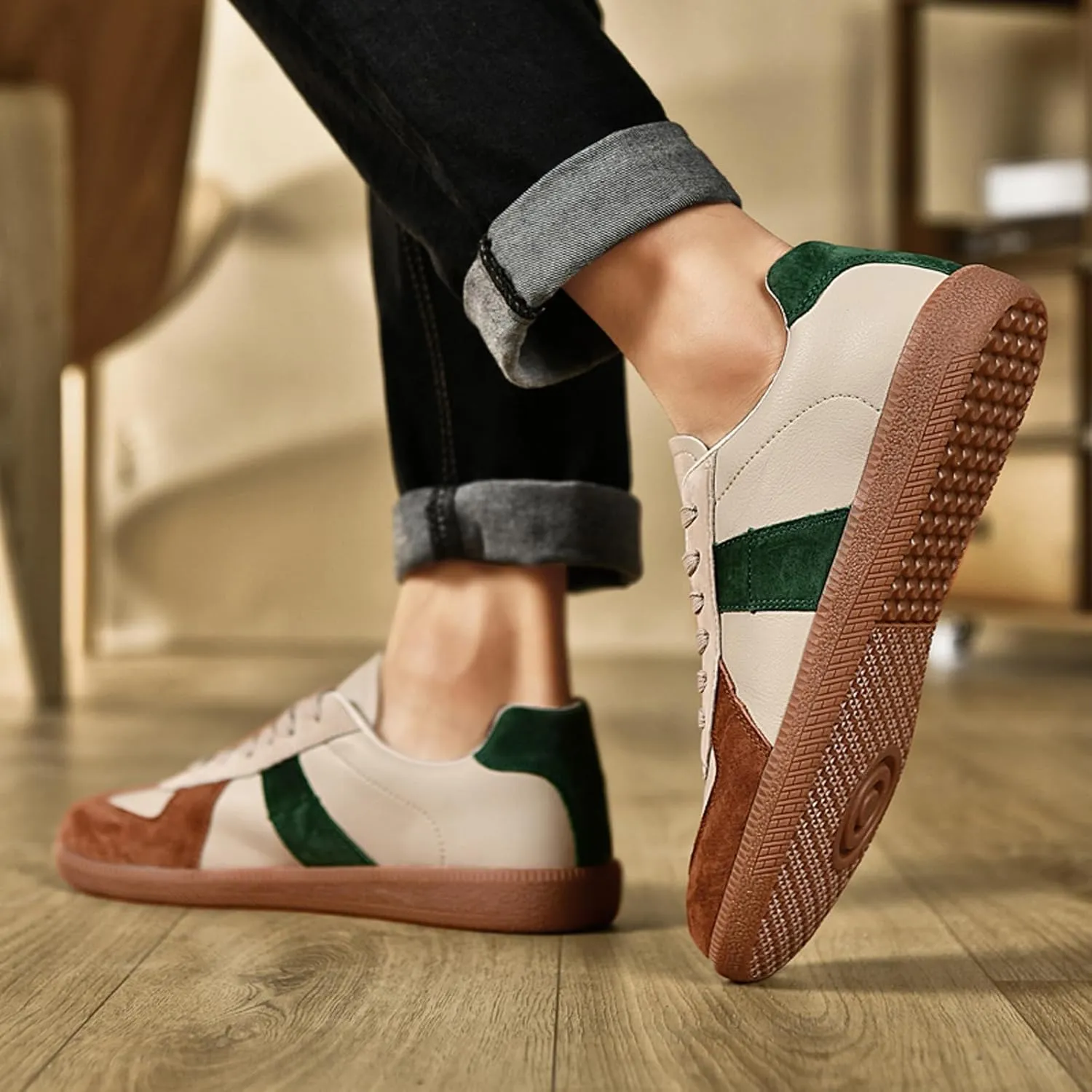 ihinzry Fashion Sneakers Womens Tennis Shoes Genuine Leather Lace Up Casual Shoes Gum Sole Sneakers