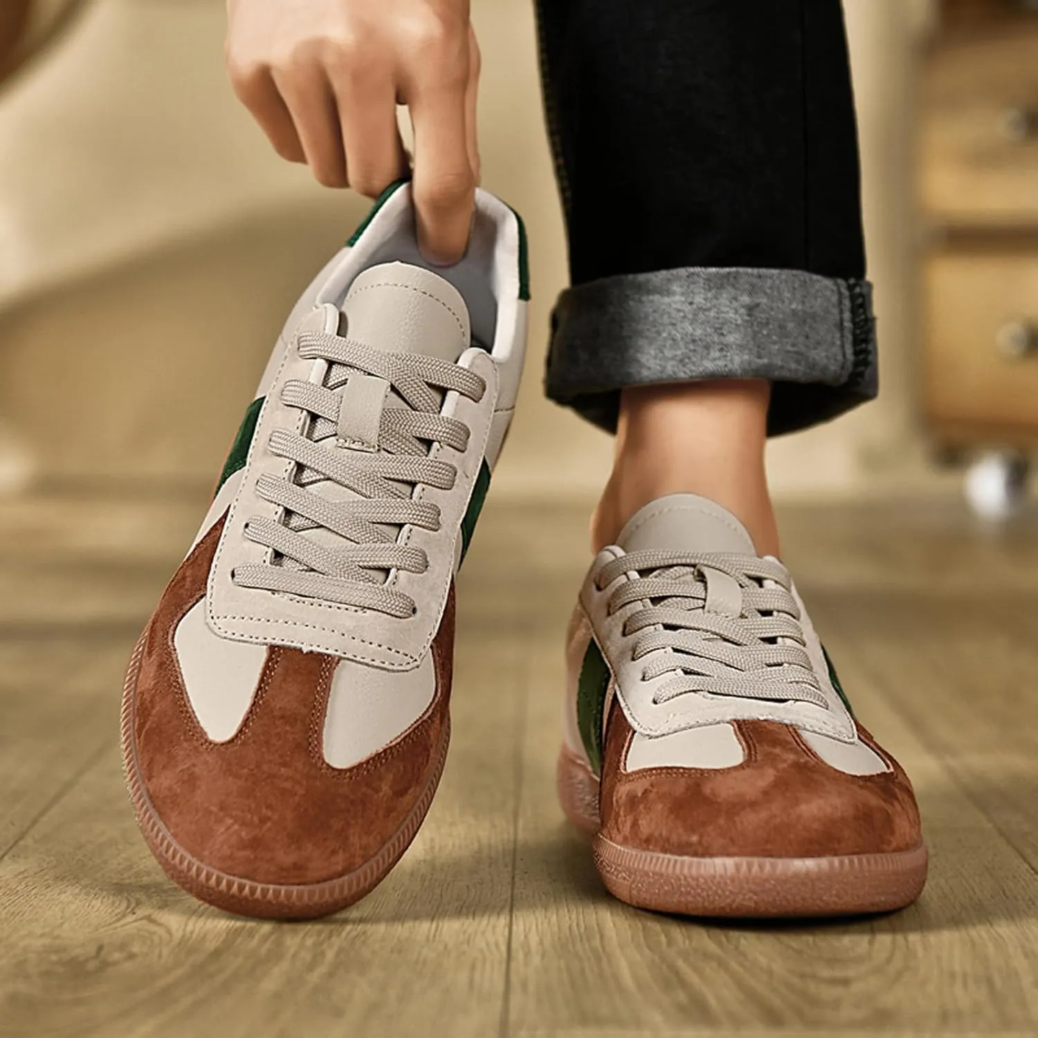 ihinzry Fashion Sneakers Womens Tennis Shoes Genuine Leather Lace Up Casual Shoes Gum Sole Sneakers