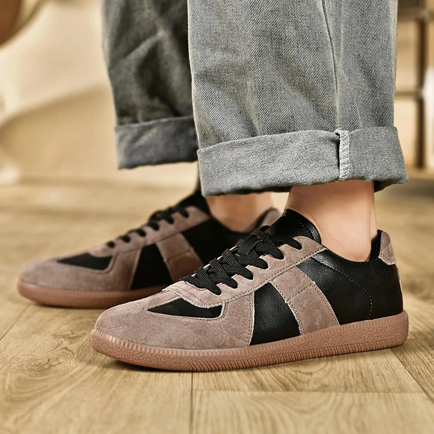 ihinzry Fashion Sneakers Womens Tennis Shoes Genuine Leather Lace Up Casual Shoes Gum Sole Sneakers