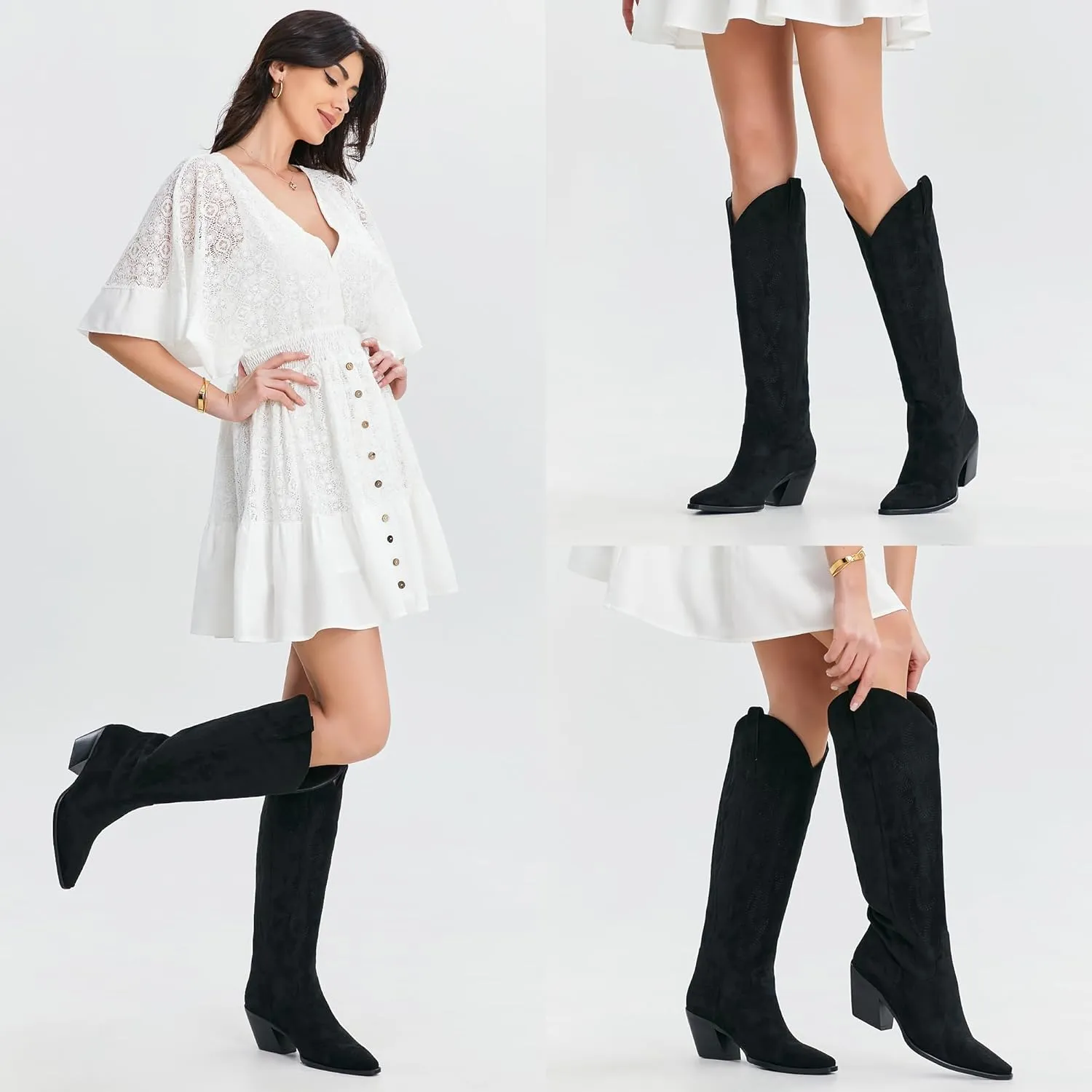 iiimmu Cowgirl Boots Women Knee High Boots Pointed Toe and Block Heel Cowboy Suede and Faux Leather Boots with Embroidered