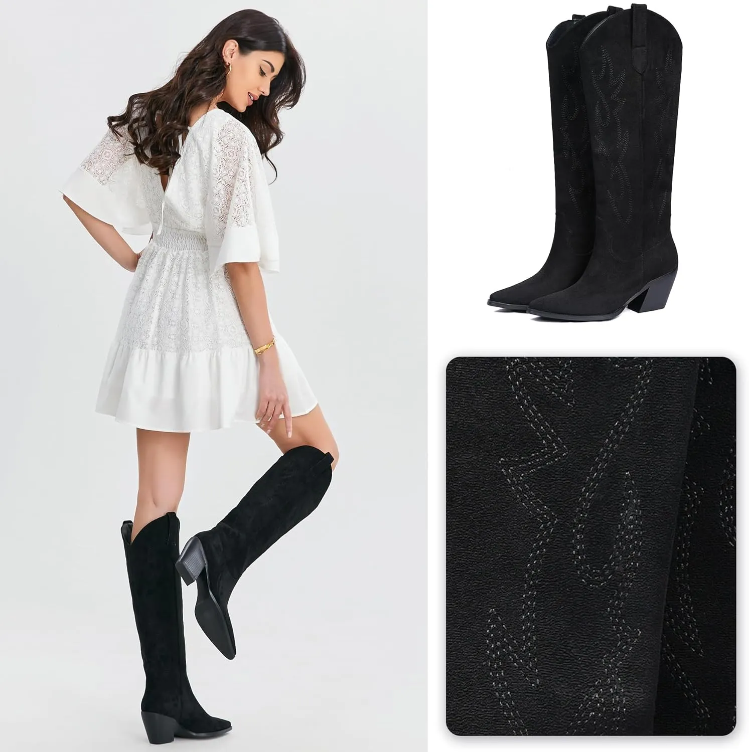 iiimmu Cowgirl Boots Women Knee High Boots Pointed Toe and Block Heel Cowboy Suede and Faux Leather Boots with Embroidered