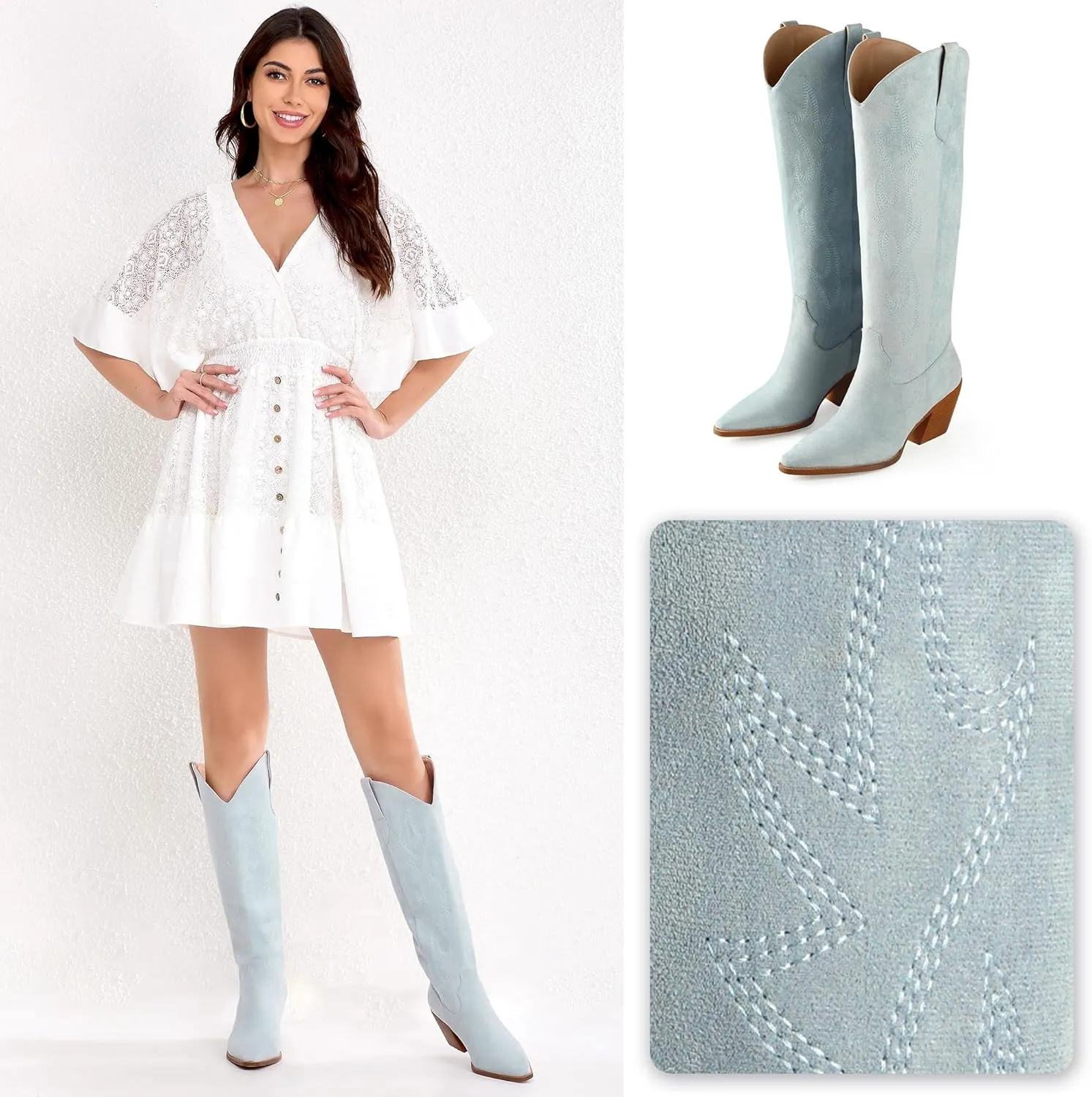iiimmu Cowgirl Boots Women Knee High Boots Pointed Toe and Block Heel Cowboy Suede and Faux Leather Boots with Embroidered