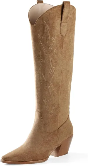 iiimmu Cowgirl Boots Women Knee High Boots Pointed Toe and Block Heel Cowboy Suede and Faux Leather Boots with Embroidered