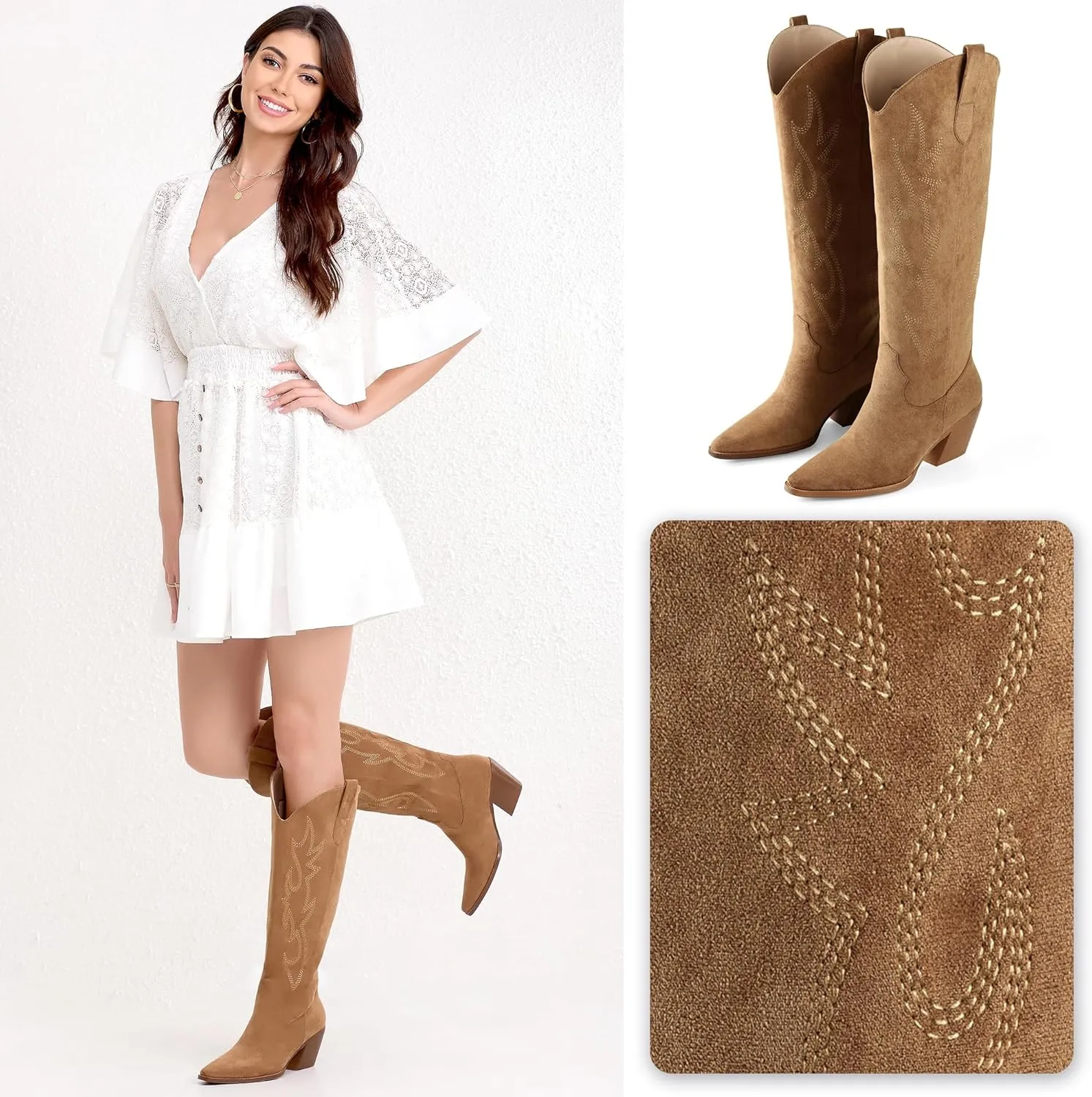 iiimmu Cowgirl Boots Women Knee High Boots Pointed Toe and Block Heel Cowboy Suede and Faux Leather Boots with Embroidered