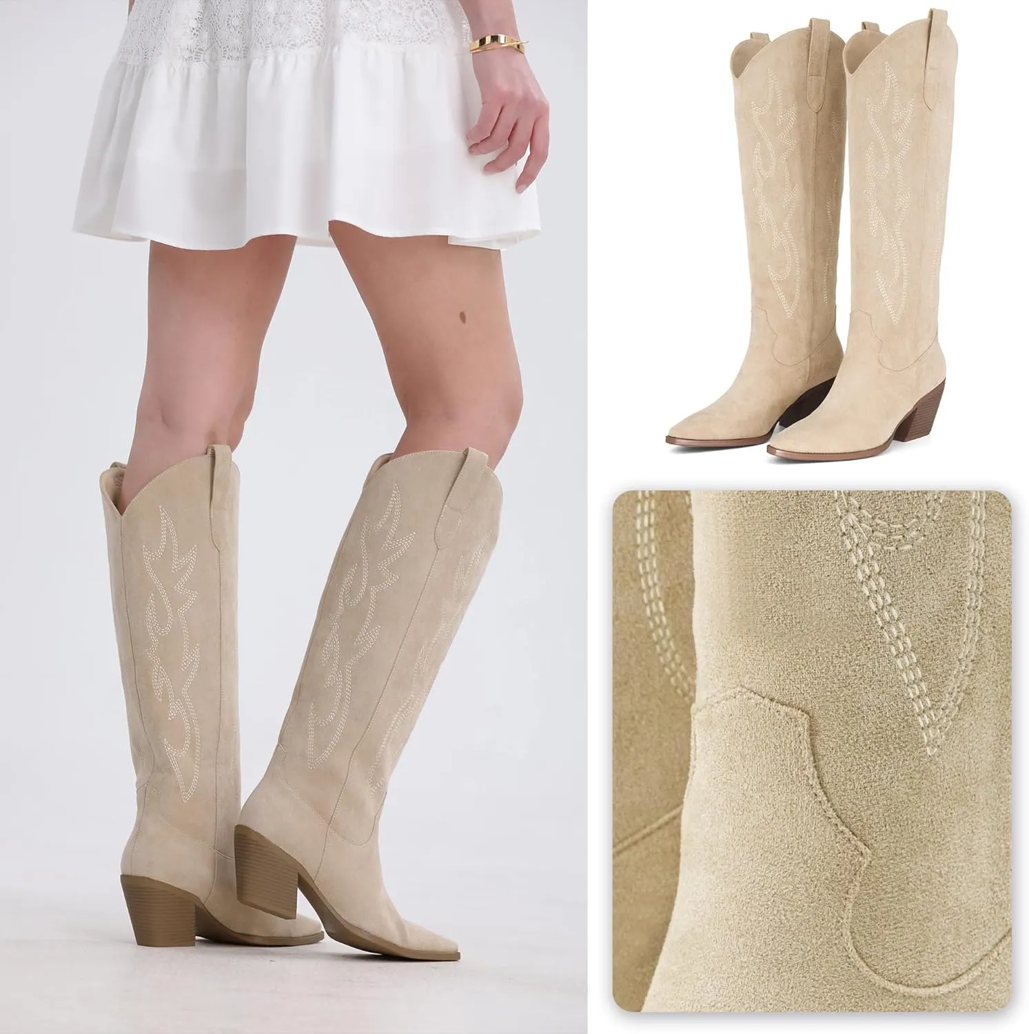iiimmu Cowgirl Boots Women Knee High Boots Pointed Toe and Block Heel Cowboy Suede and Faux Leather Boots with Embroidered