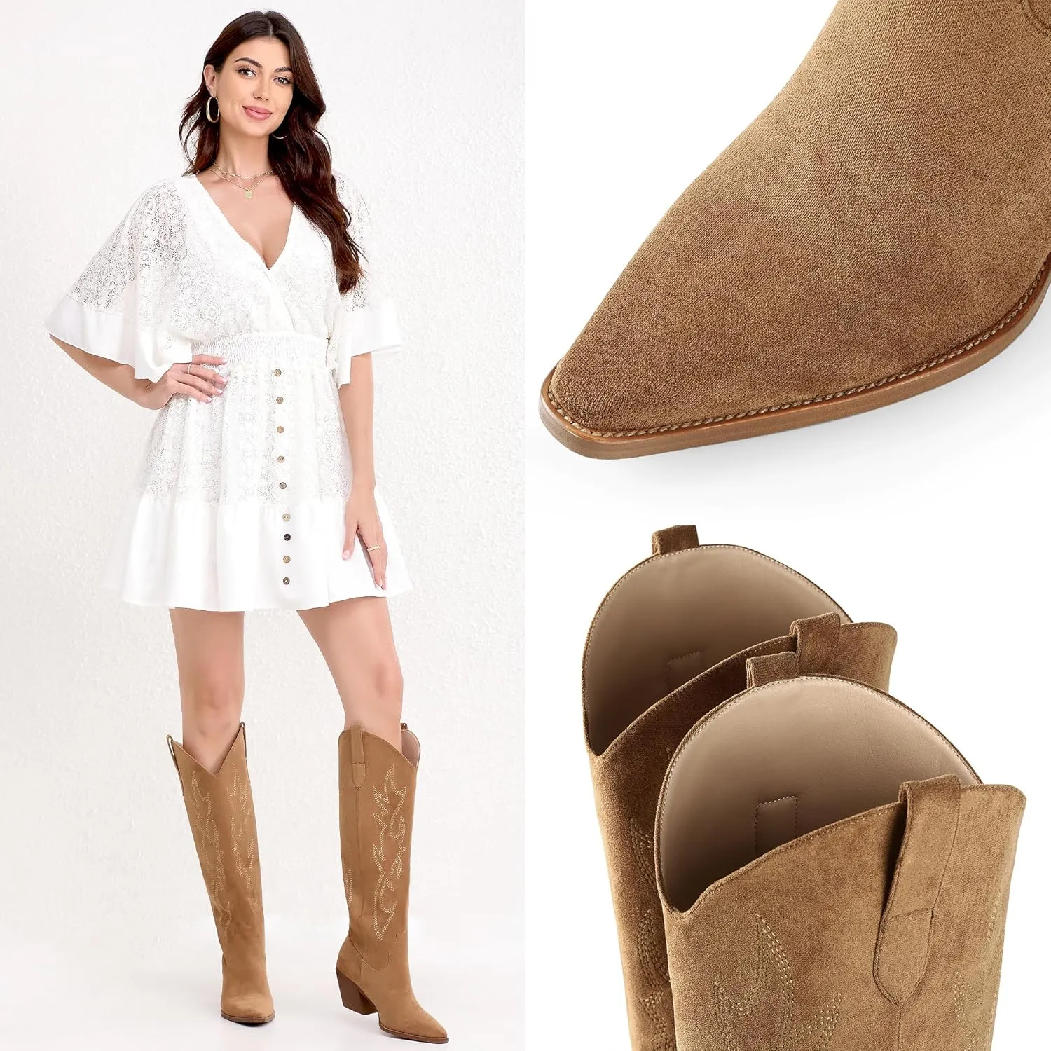 iiimmu Cowgirl Boots Women Knee High Boots Pointed Toe and Block Heel Cowboy Suede and Faux Leather Boots with Embroidered
