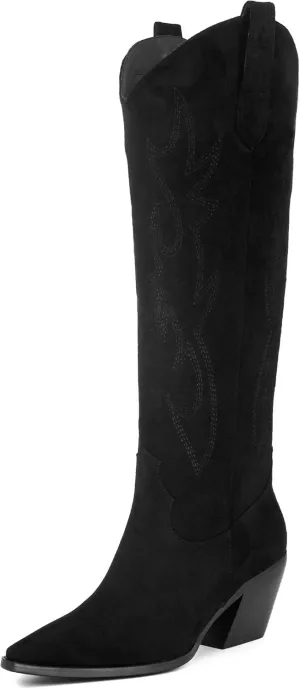 iiimmu Cowgirl Boots Women Knee High Boots Pointed Toe and Block Heel Cowboy Suede and Faux Leather Boots with Embroidered
