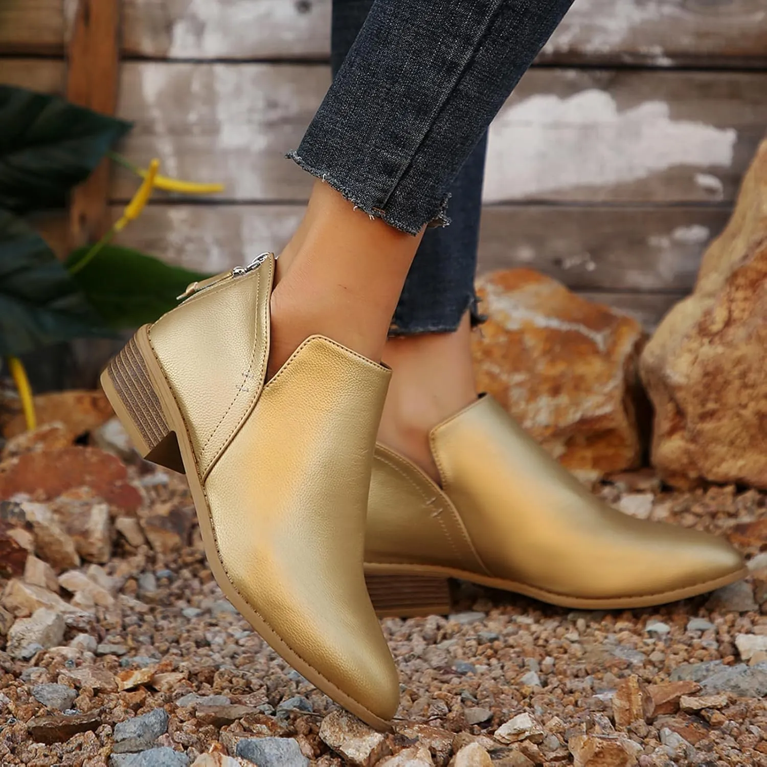 JITUUE Ankle Booties for Women,Women's Casual Dress Low Heeled Booties. V Cut Fashion Thick Heel Design Shoes