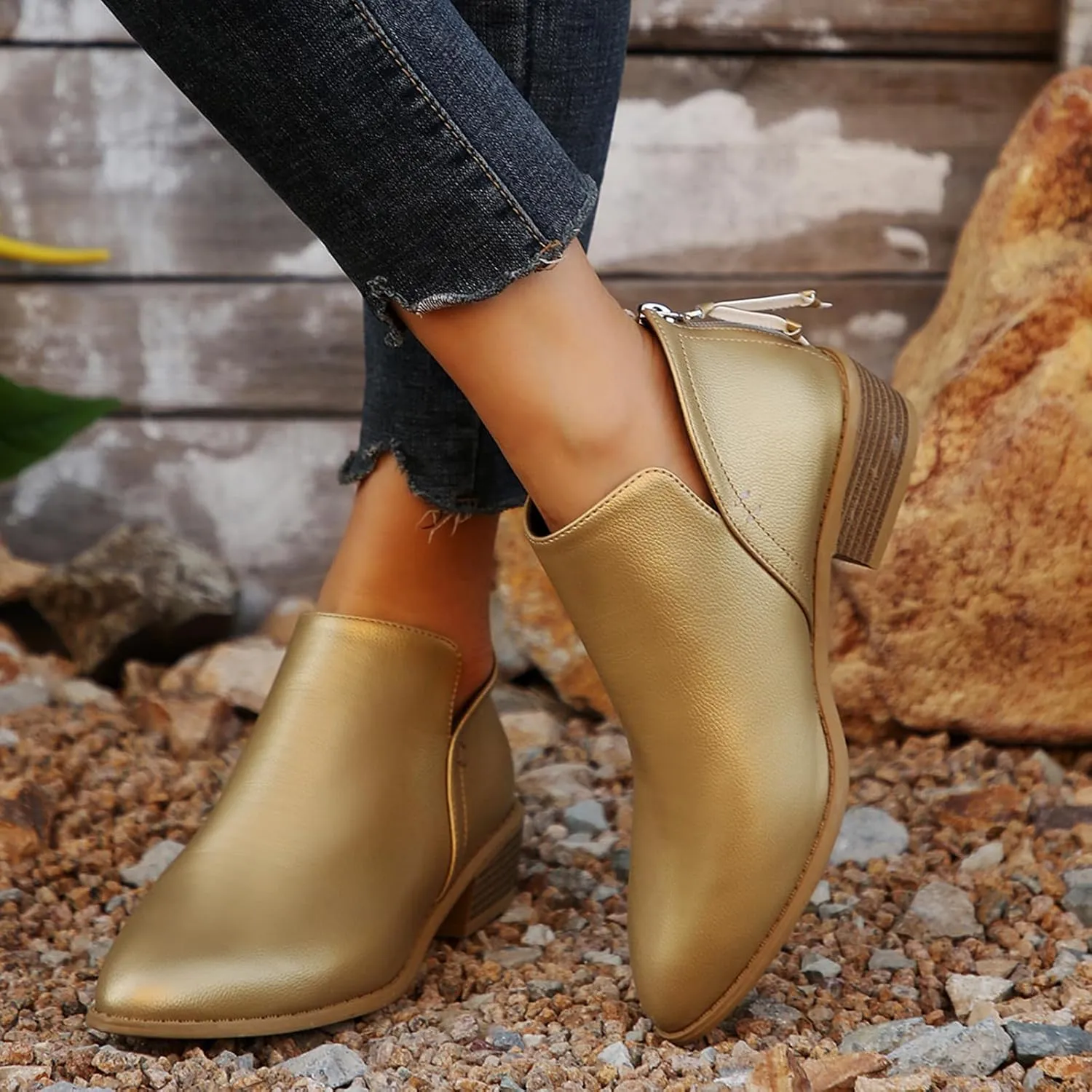 JITUUE Ankle Booties for Women,Women's Casual Dress Low Heeled Booties. V Cut Fashion Thick Heel Design Shoes