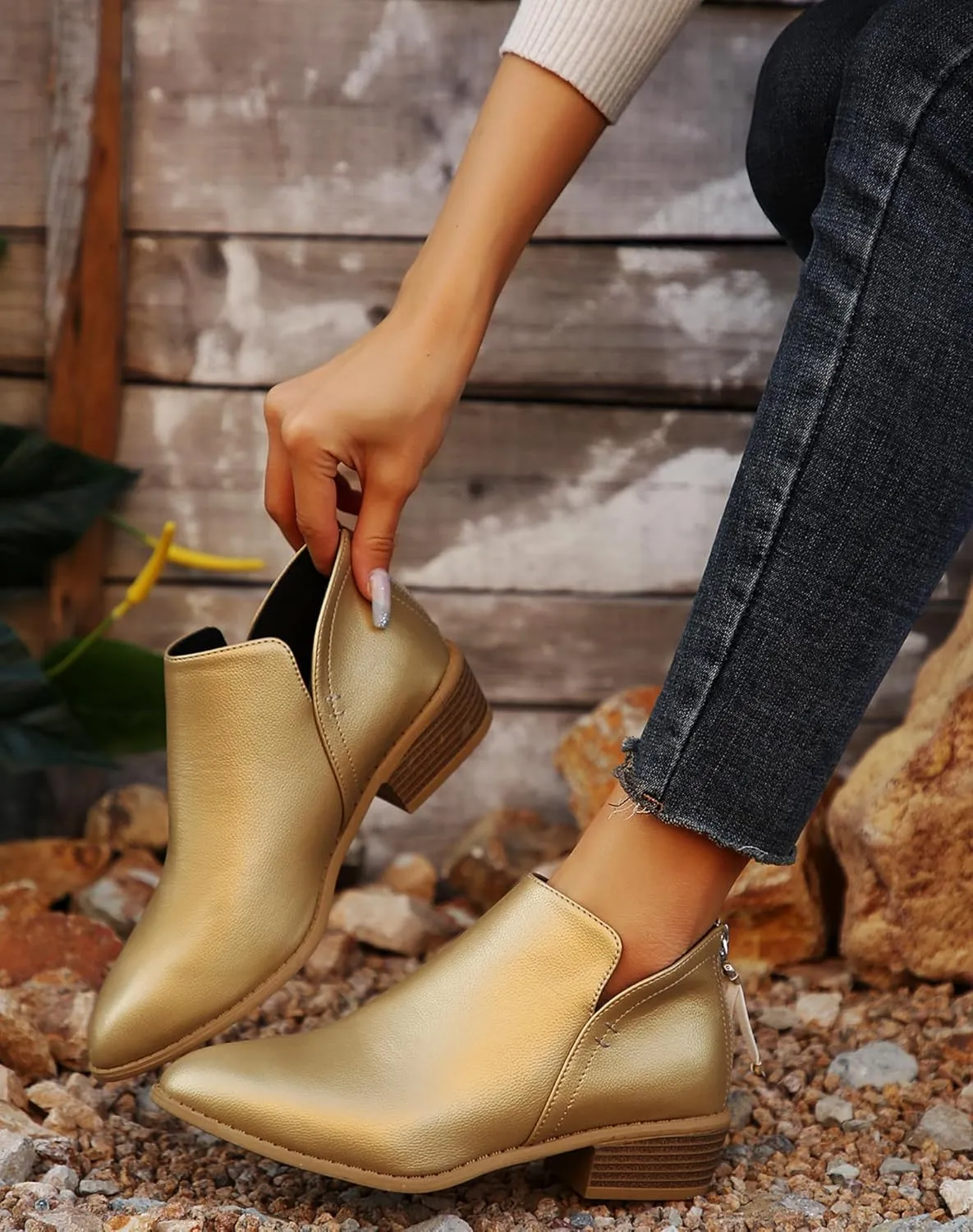 JITUUE Ankle Booties for Women,Women's Casual Dress Low Heeled Booties. V Cut Fashion Thick Heel Design Shoes