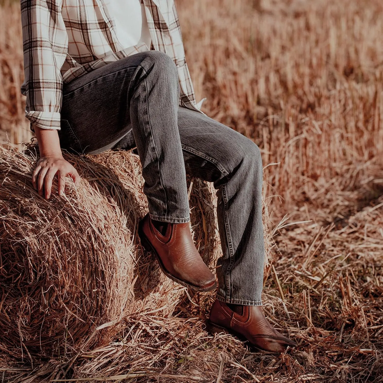 J's.o.l.e Chelsea Cowboy Boots for Men Square Toe Western Boots Classic Casual Work Ankle Boots