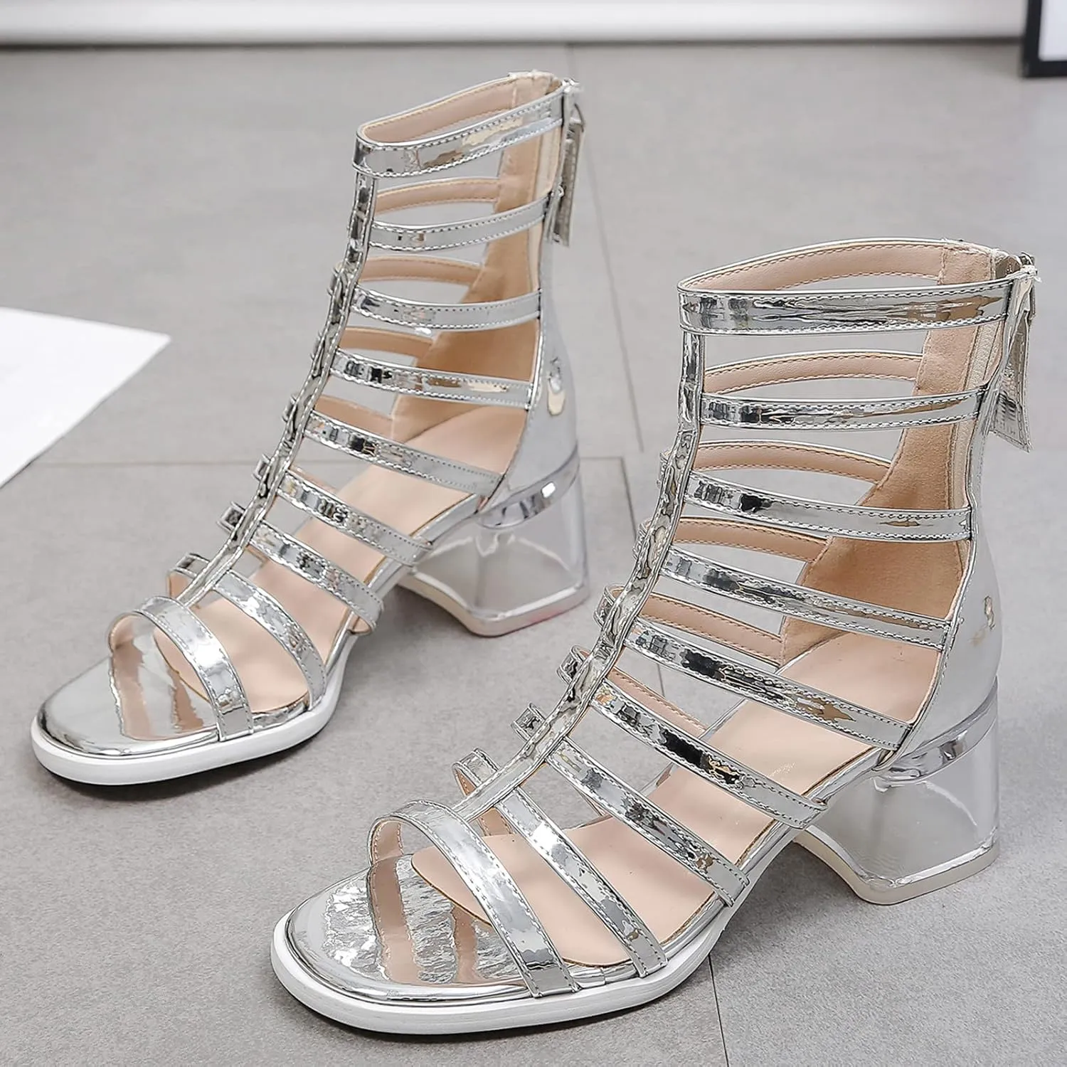 Julymens Women's Open Toe Strappy Roman Sandals Mid Block Heel Back Zip Hollowed-out Summer Boots