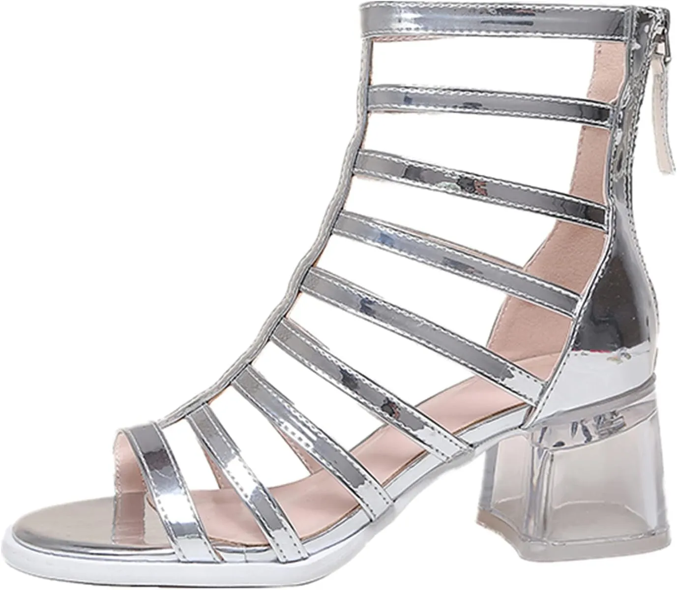 Julymens Women's Open Toe Strappy Roman Sandals Mid Block Heel Back Zip Hollowed-out Summer Boots