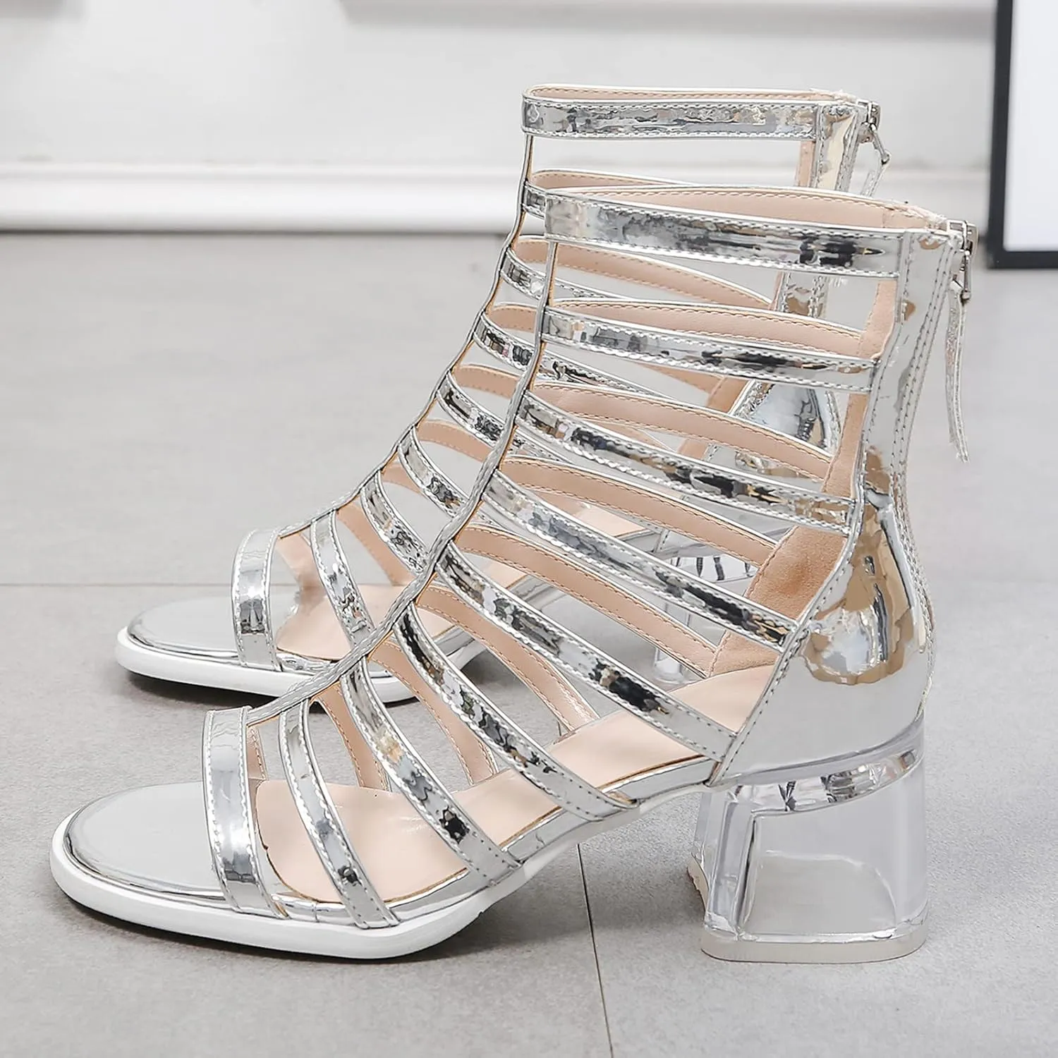 Julymens Women's Open Toe Strappy Roman Sandals Mid Block Heel Back Zip Hollowed-out Summer Boots