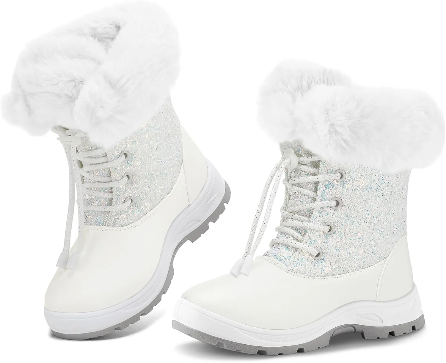 K KomForme Girls Glitter Snow Boots Kids Bungee Lacing Warm Faux Fur-Lined Anti-Slip Outdoor Winter Shoes Toddler/Little Kid/Big Kid