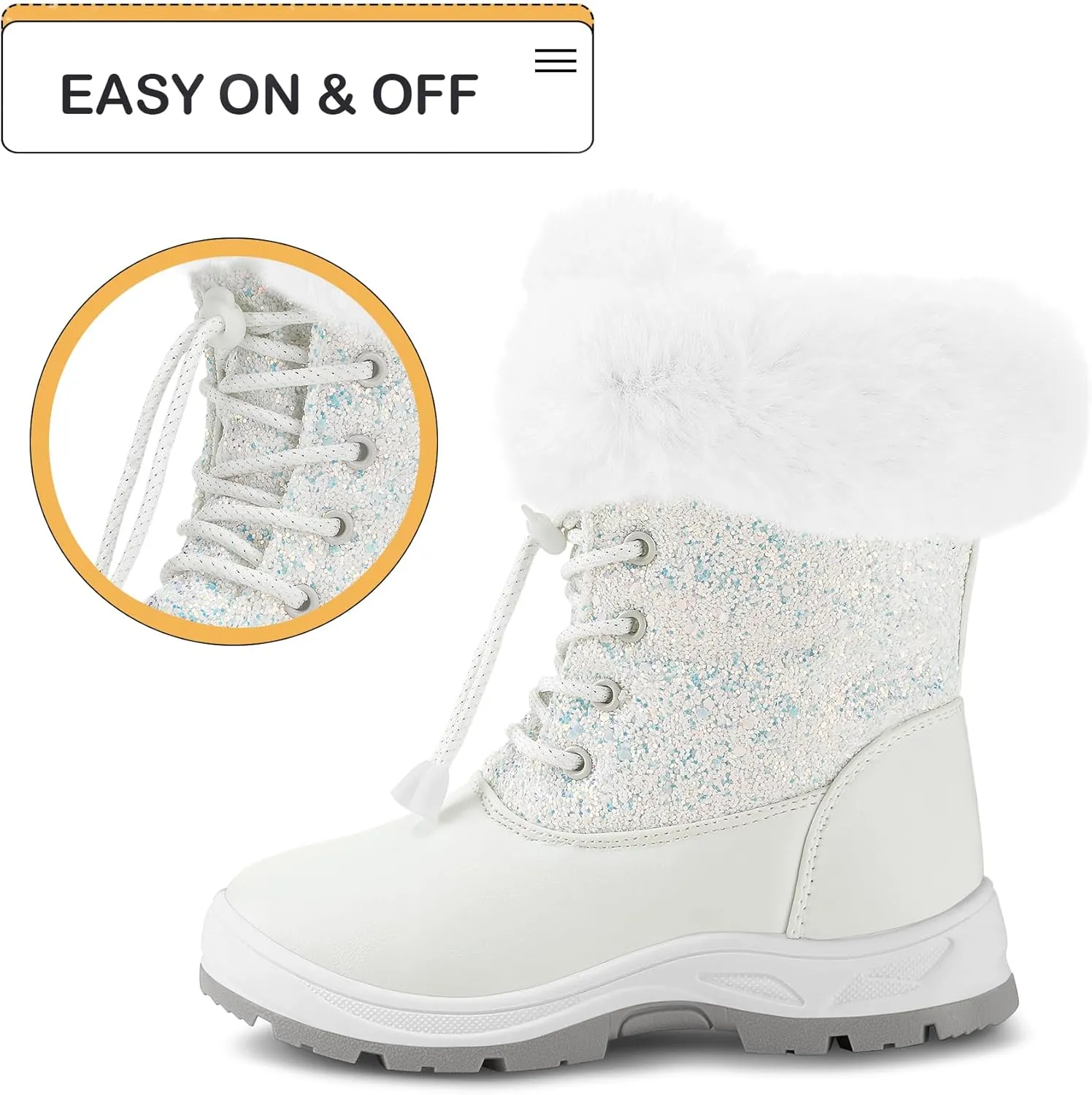 K KomForme Girls Glitter Snow Boots Kids Bungee Lacing Warm Faux Fur-Lined Anti-Slip Outdoor Winter Shoes Toddler/Little Kid/Big Kid