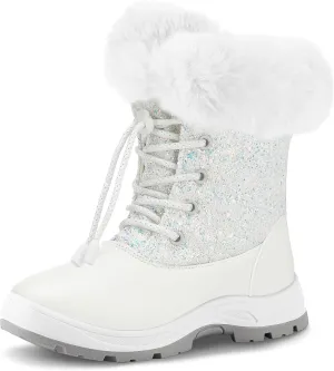 K KomForme Girls Glitter Snow Boots Kids Bungee Lacing Warm Faux Fur-Lined Anti-Slip Outdoor Winter Shoes Toddler/Little Kid/Big Kid