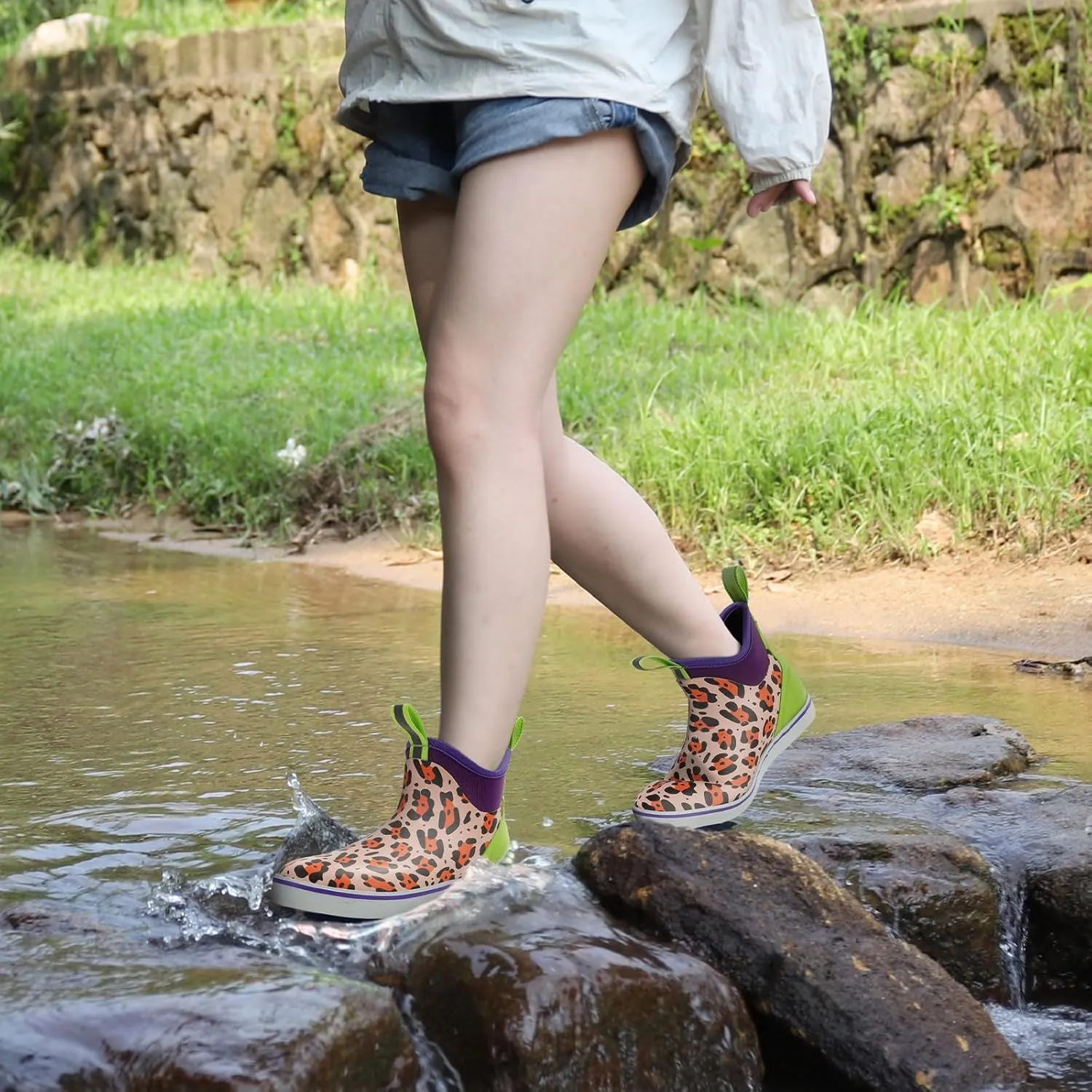 Kalkal Women's Deck Boots, Waterproof Ankle Rain Boots Fishing Boots with High Traction, Women's Rubber Boots For Gardening Fishing Boating Camping
