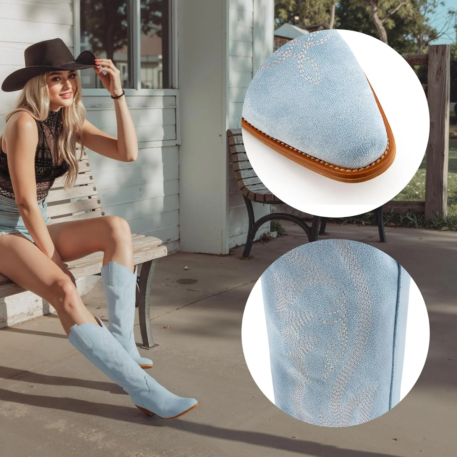 KaroNairy Women Cowboy Boots Faux Suede Embroidered Pointed Thick Heeled Western Wide Calf Cowgirl Ponited Toe Mid Calf Boots