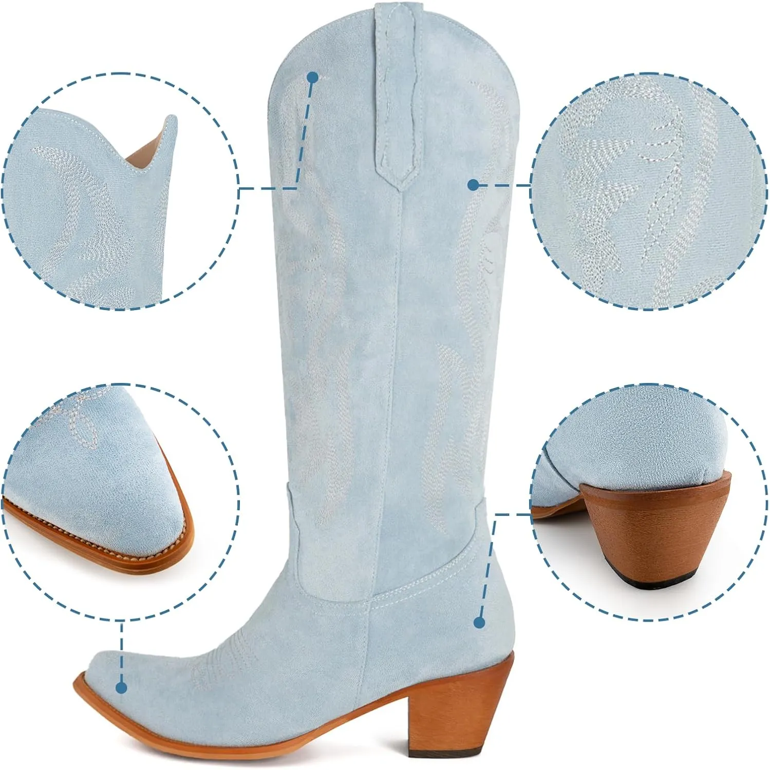 KaroNairy Women Cowboy Boots Faux Suede Embroidered Pointed Thick Heeled Western Wide Calf Cowgirl Ponited Toe Mid Calf Boots