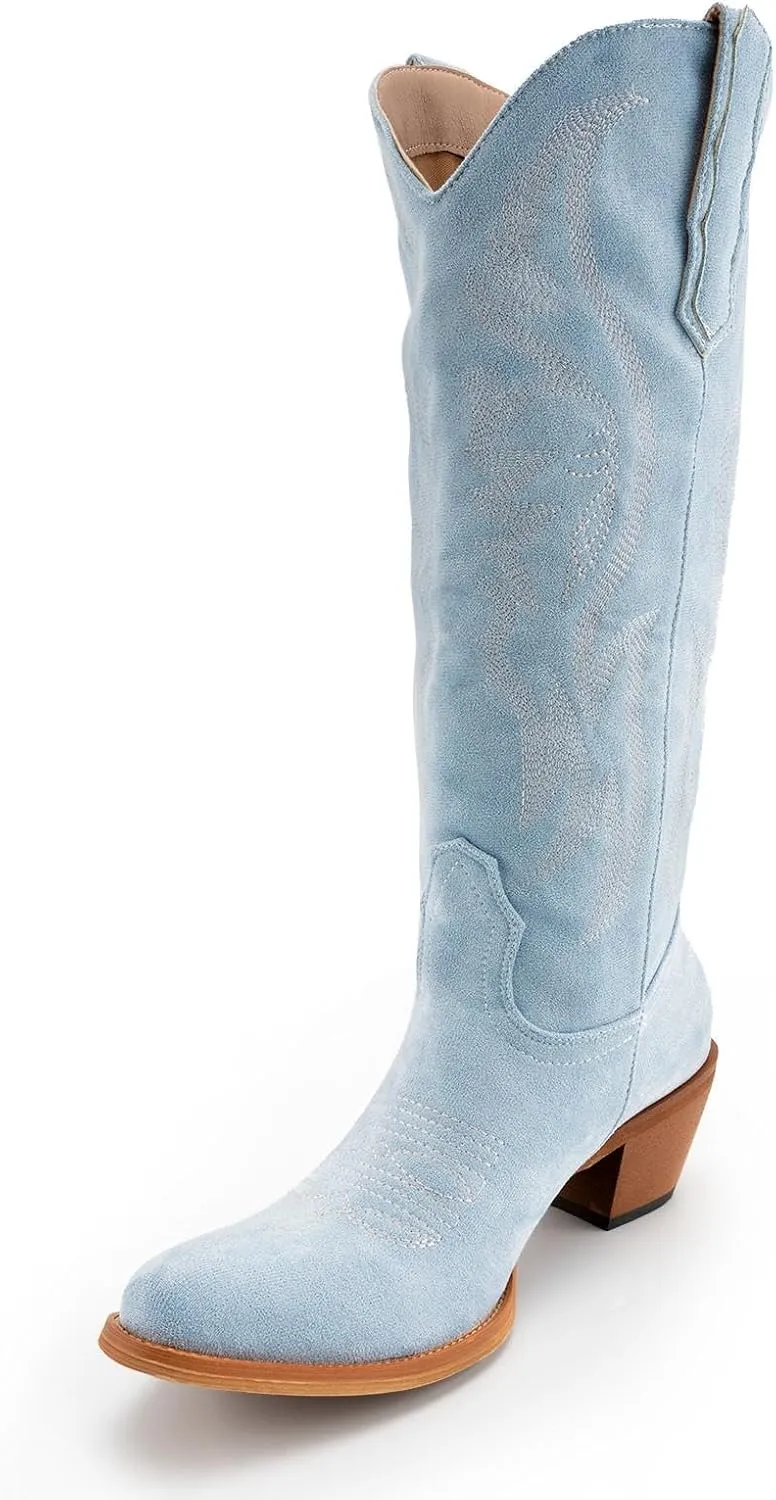 KaroNairy Women Cowboy Boots Faux Suede Embroidered Pointed Thick Heeled Western Wide Calf Cowgirl Ponited Toe Mid Calf Boots